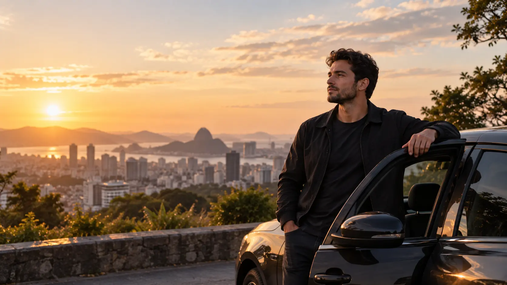 Homem ao lado de um automóvel em um mirante ao entardecer.