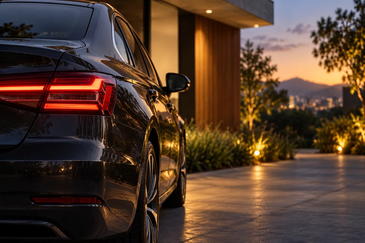 Automóvel estacionado diante de uma residência ao entardecer.