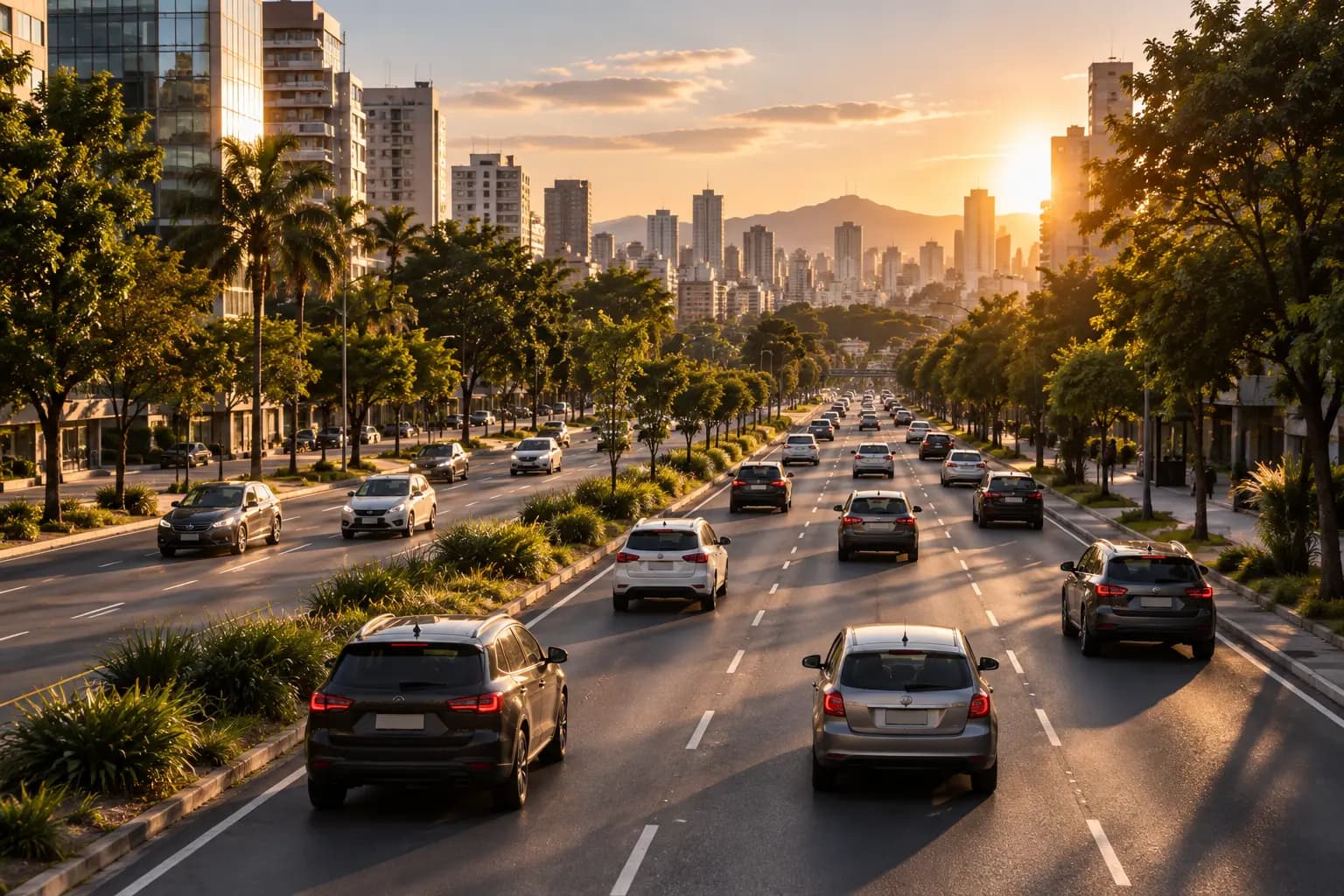 Automóveis circulando em uma avenida urbana.