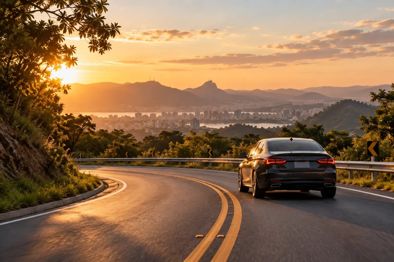 Automóvel percorrendo uma estrada ao pôr do sol.