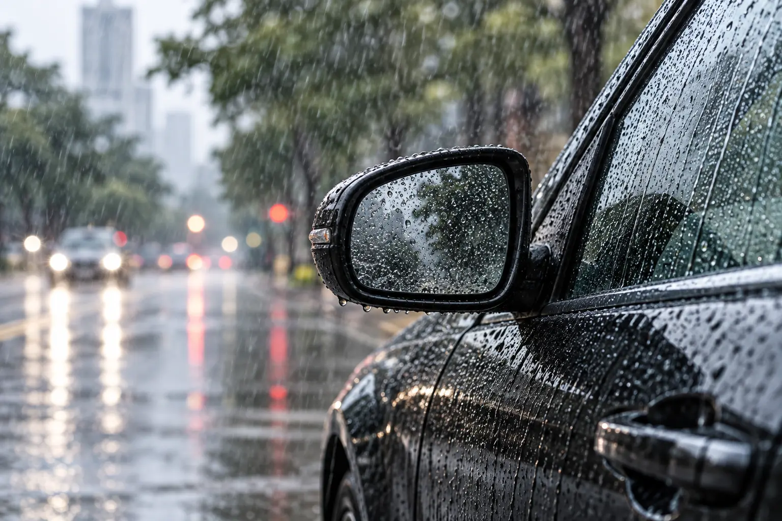 Retrovisor de automóvel sob chuva intensa.
