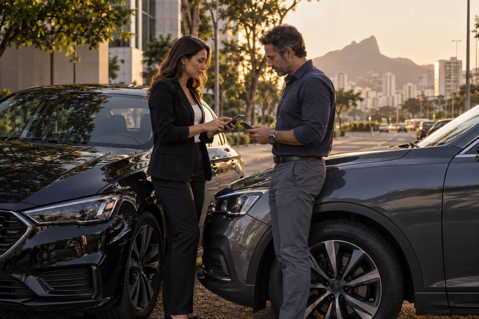 Condutores trocando informações ao lado de dois automóveis.