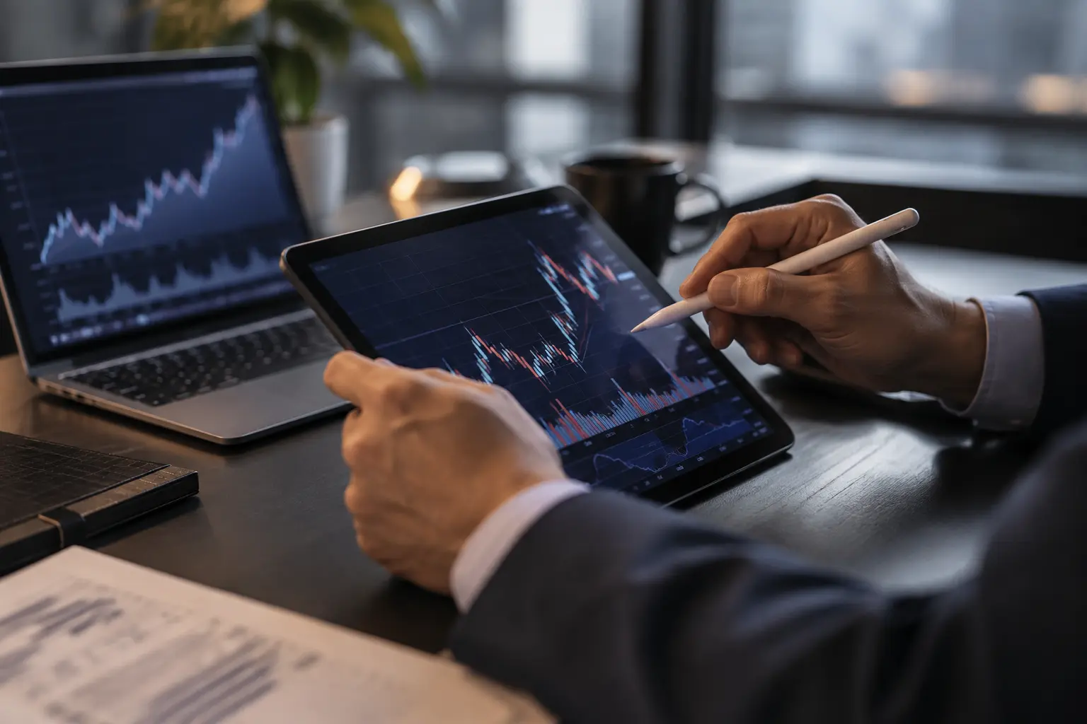 Gráficos de investimento em uma tela de notebook.