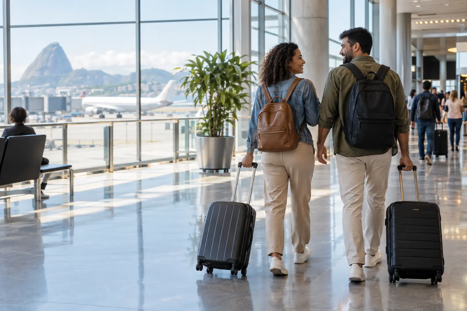 Casal caminhando com malas em um aeroporto.
