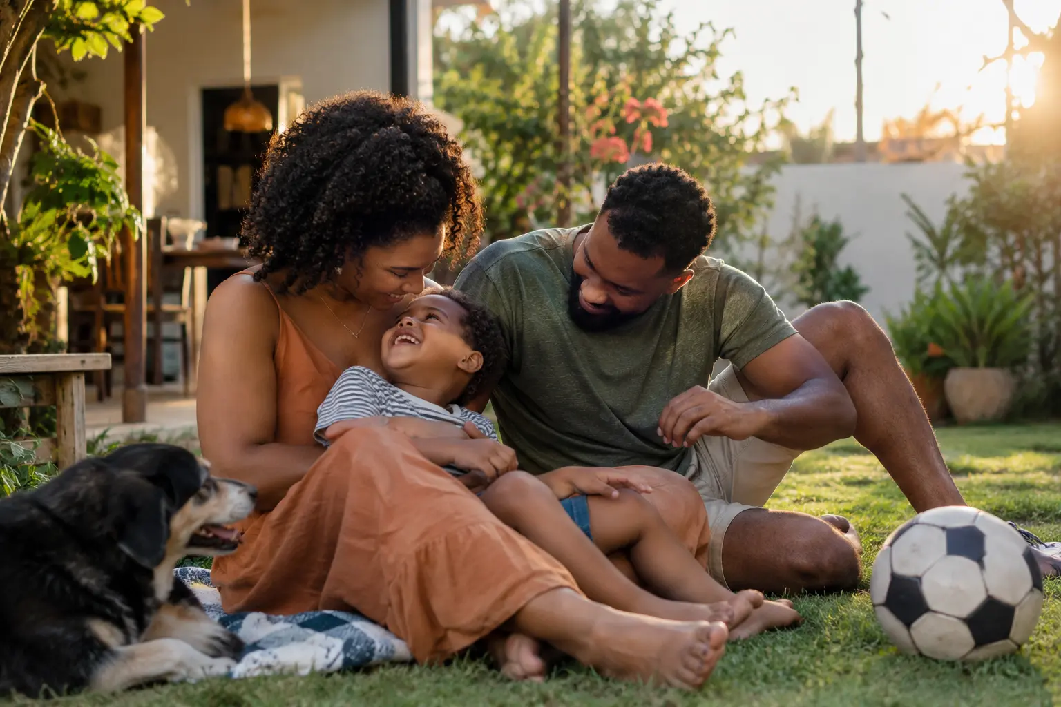 Família reunida no jardim de casa.
