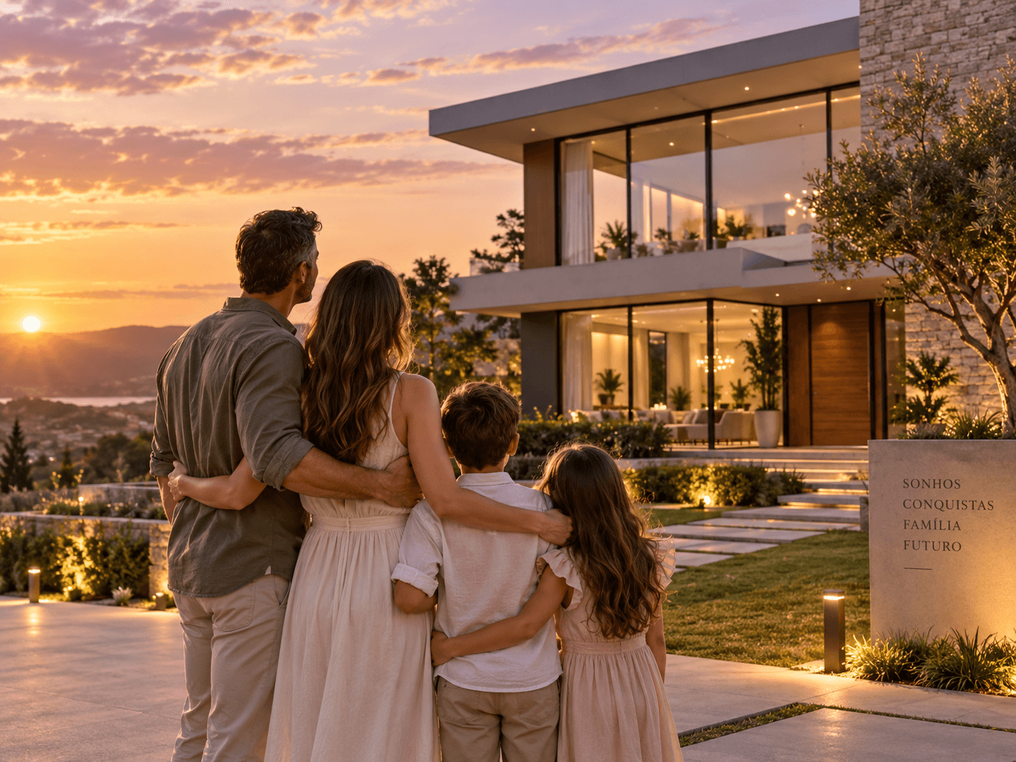 Família abraçada diante da casa ao pôr do sol
