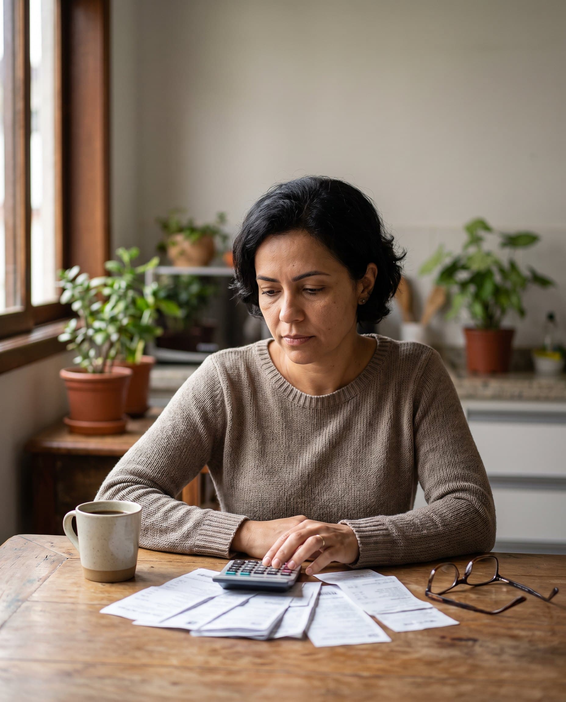 Mulher na mesa da cozinha fazendo as contas do financiamento com papéis e calculadora.