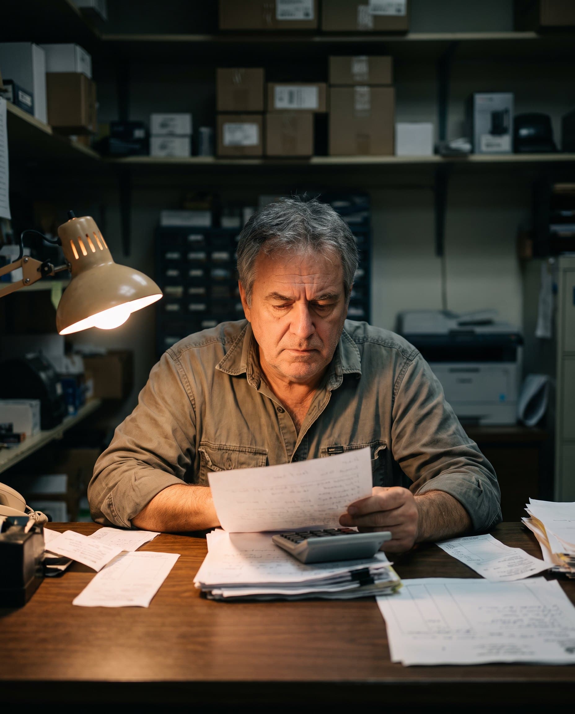 Empresário no escritório da empresa analisando contas no fim do expediente.