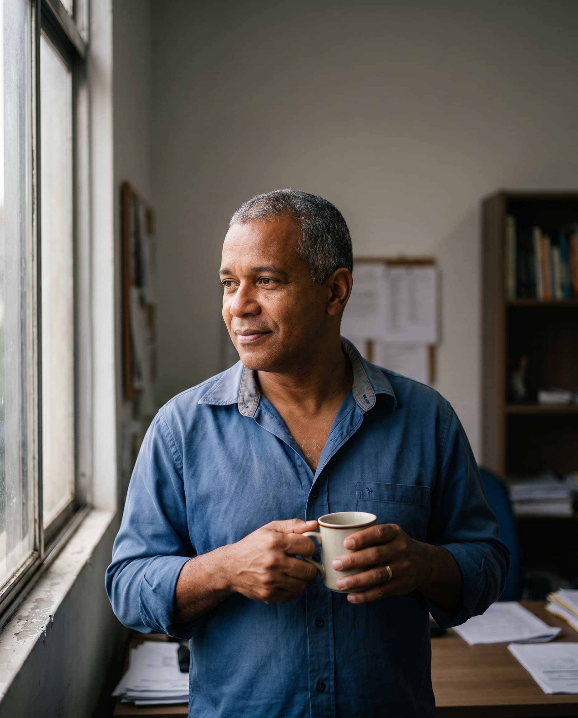 Homem de meia-idade em uma pausa no trabalho, pensando no futuro.