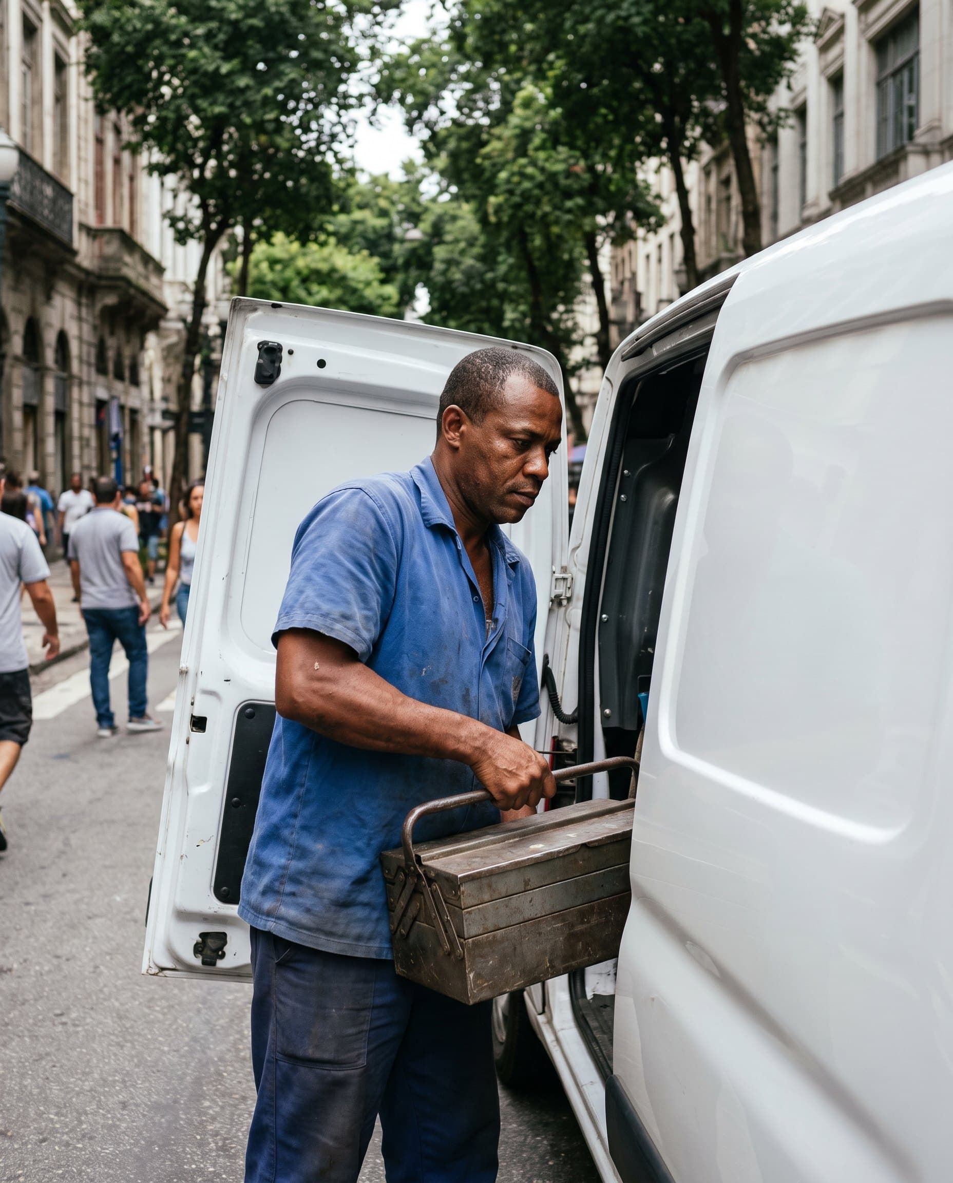 Técnico de manutenção entrando no utilitário da empresa para atender um cliente.