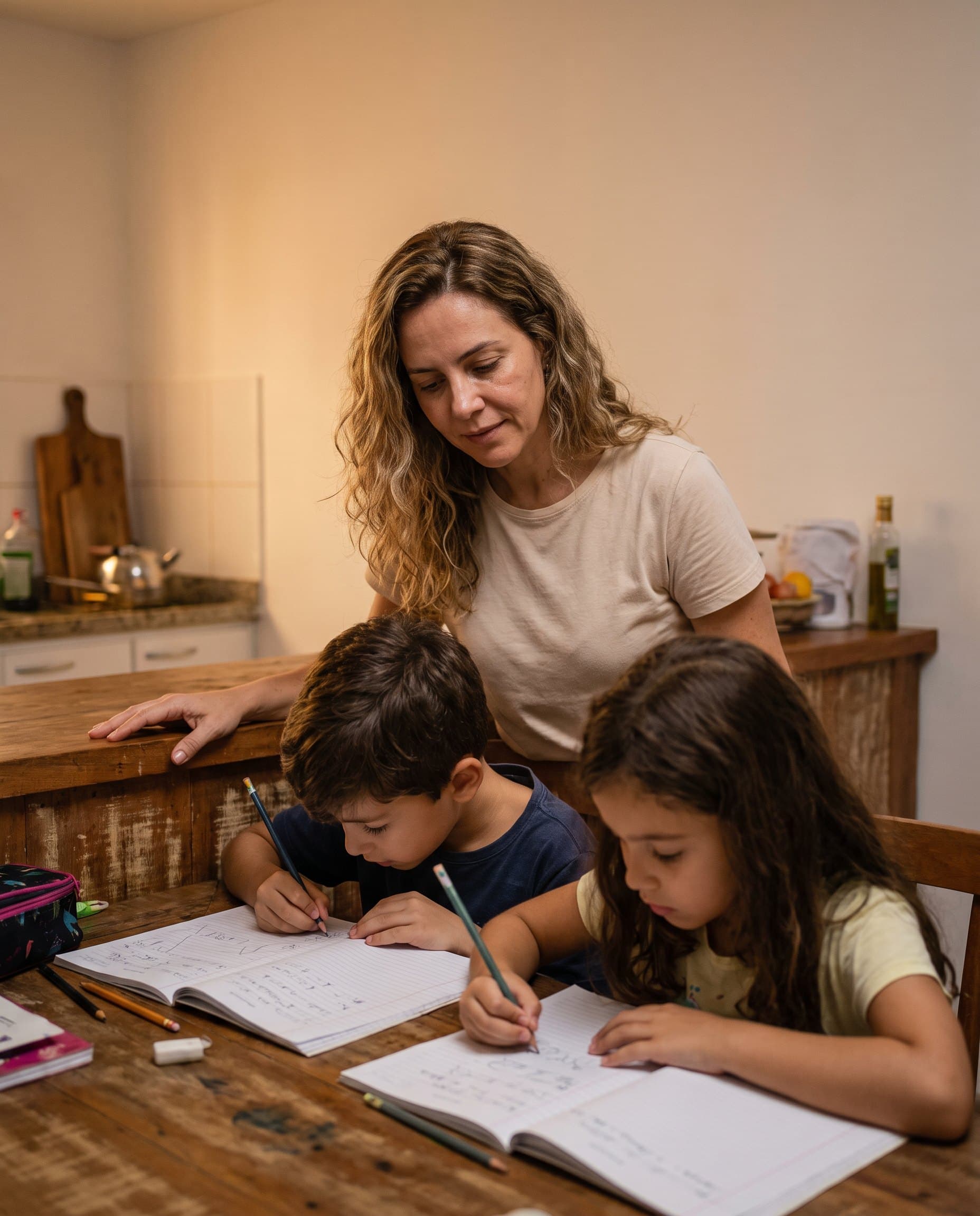 Mãe olhando os filhos fazerem a lição de casa na mesa da cozinha.