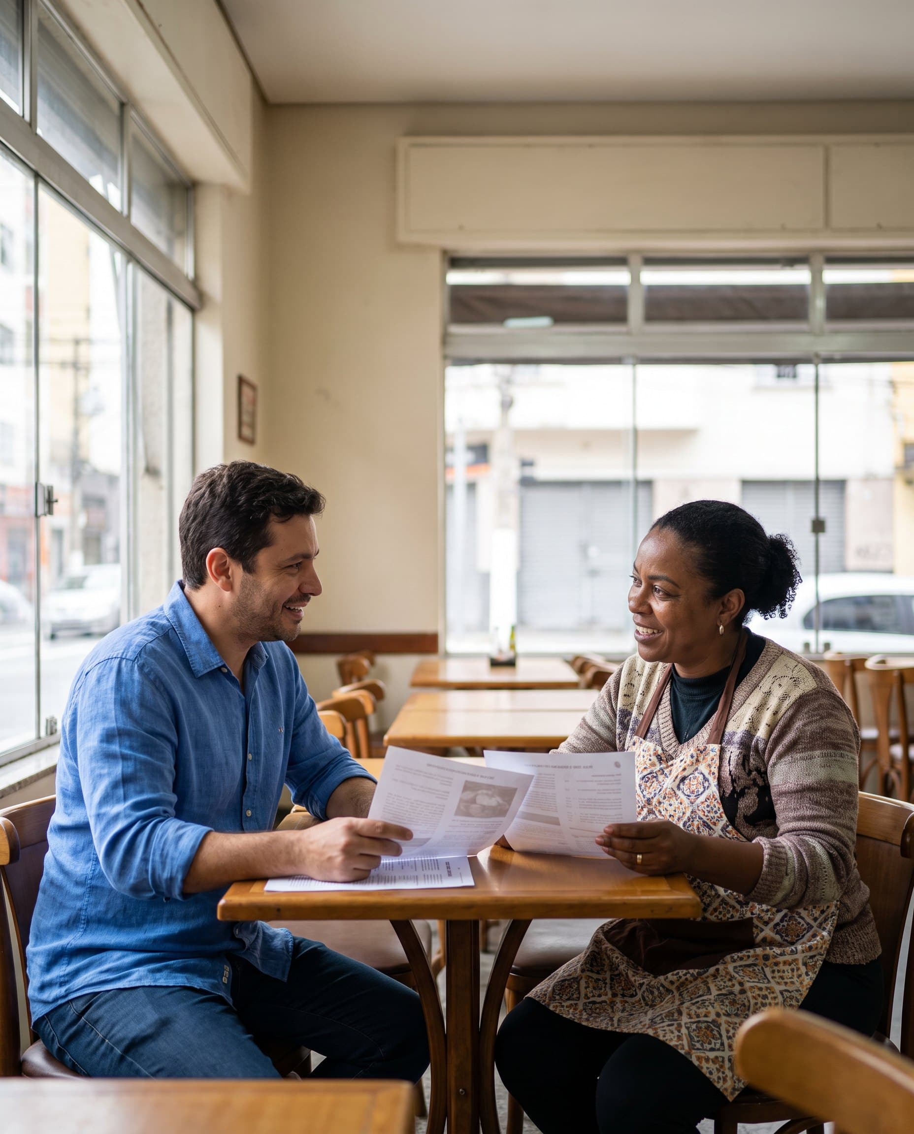 Especialista conversando com a dona de um restaurante sobre as opções de proteção.