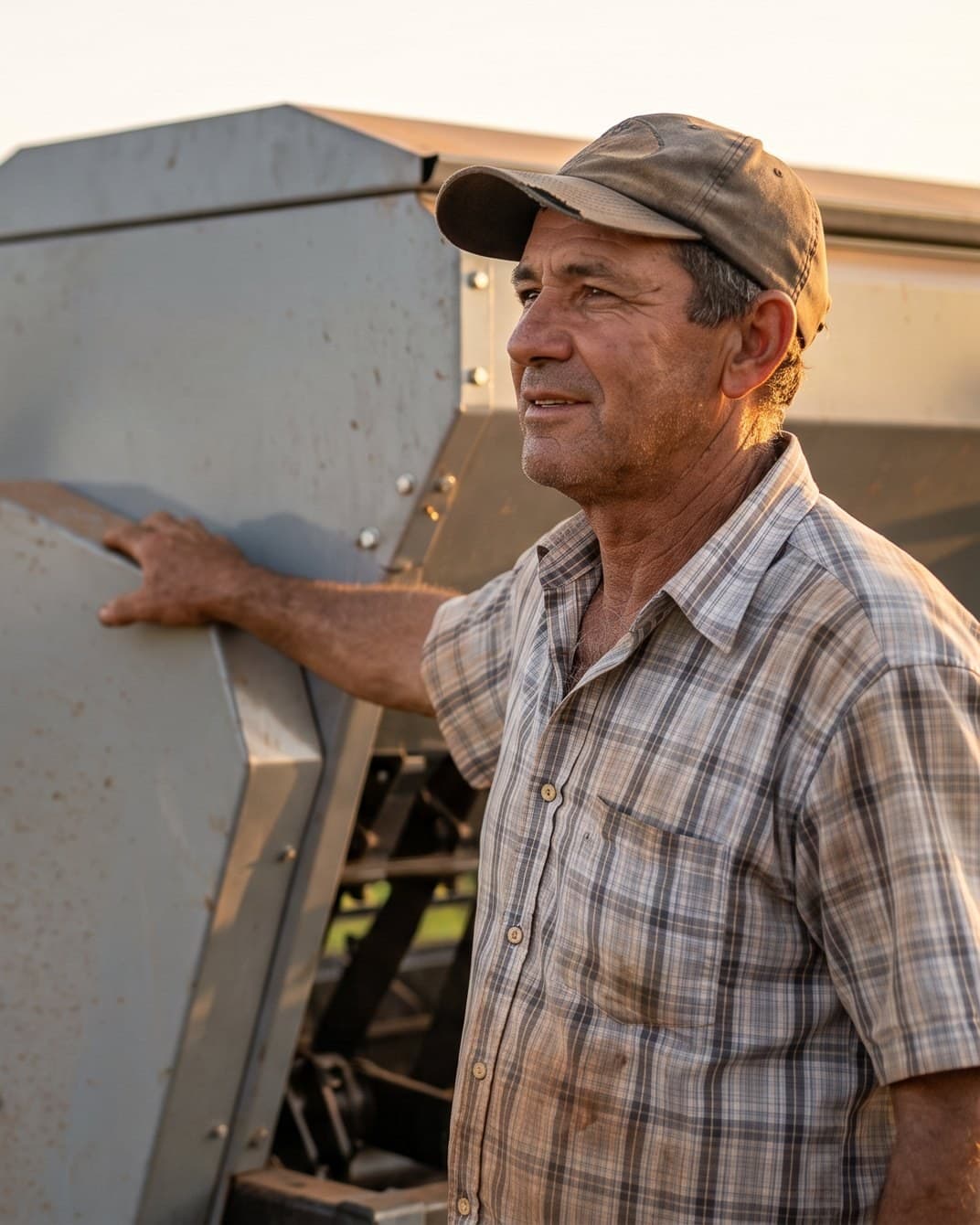 Produtor rural ao lado de um implemento agrícola no campo.