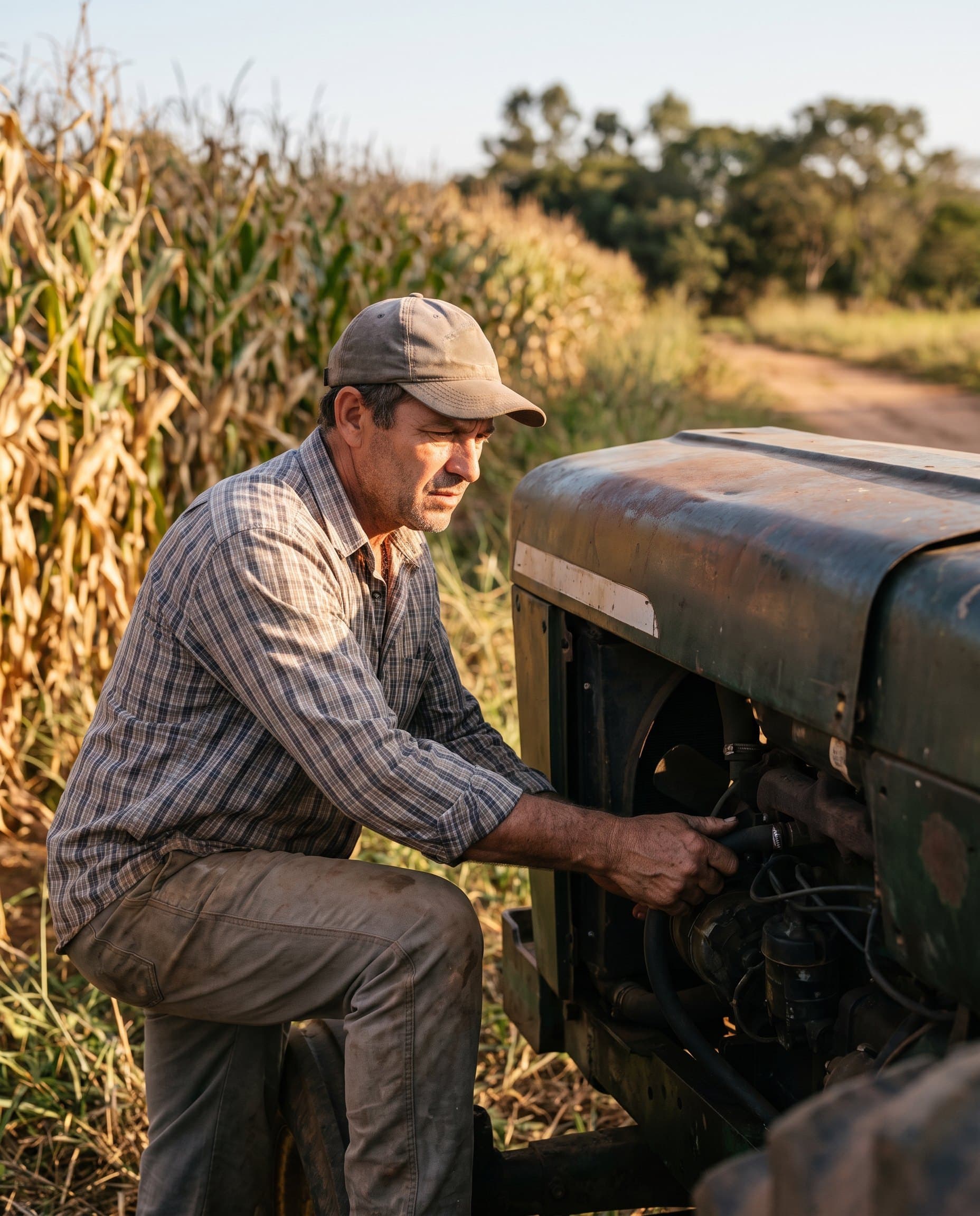 Produtor rural cuidando do trator à beira da plantação de milho.