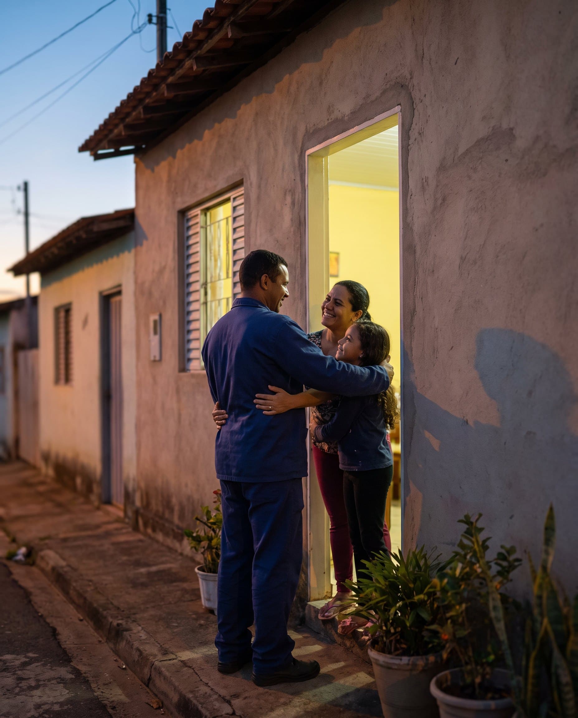 Colaborador abraçando a família ao chegar em casa depois do trabalho.