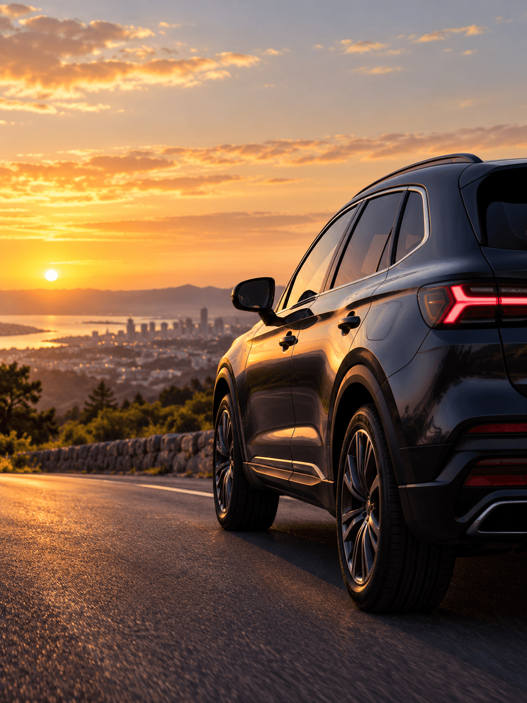 Carro estacionado ao pôr do sol