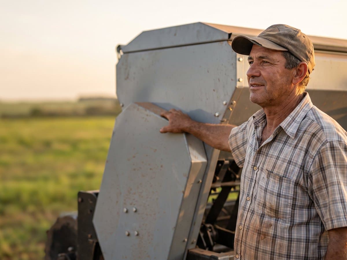 Produtor ao lado do implemento agrícola novo.