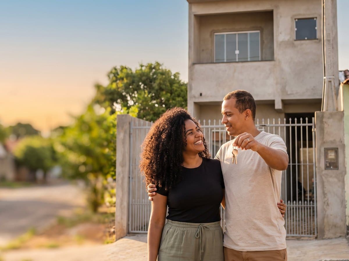 Casal com a chave do imóvel novo na mão.