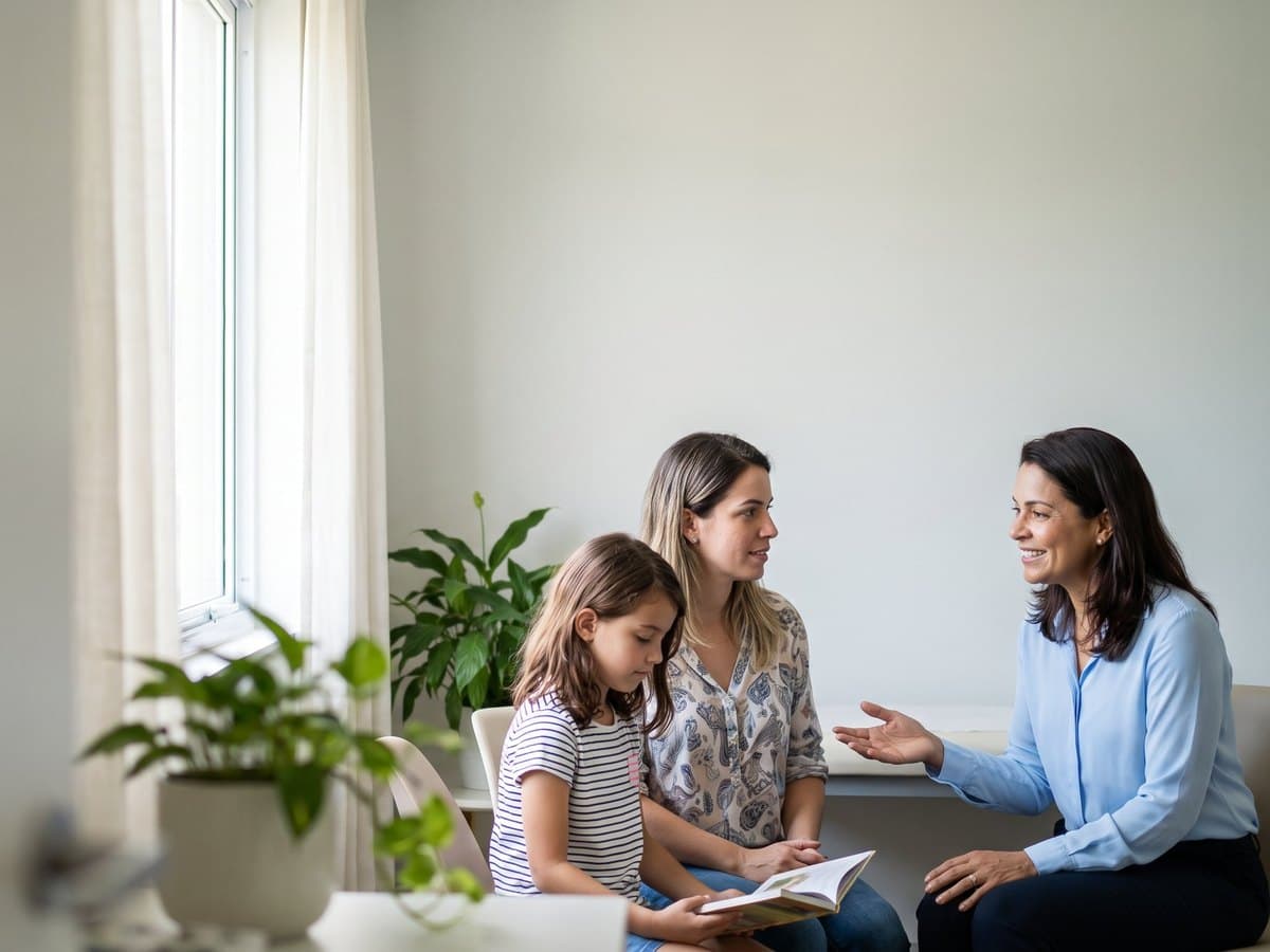 Mãe e filha em atendimento no consultório.