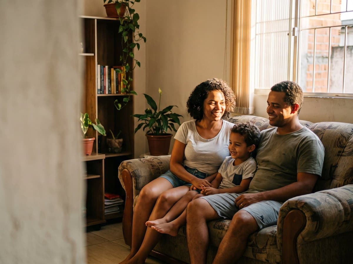 Família reunida na sala de casa no fim da tarde.