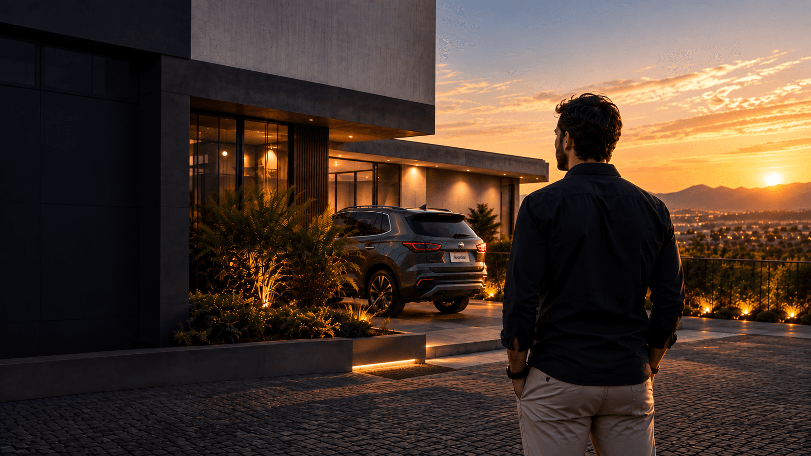 Homem observando, ao entardecer, a casa e o carro que construiu.