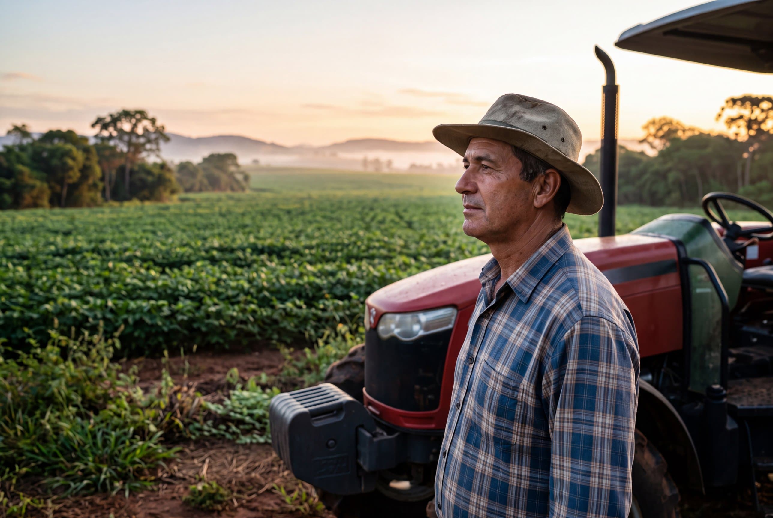 Produtor rural ao lado do trator, diante da lavoura ao amanhecer.