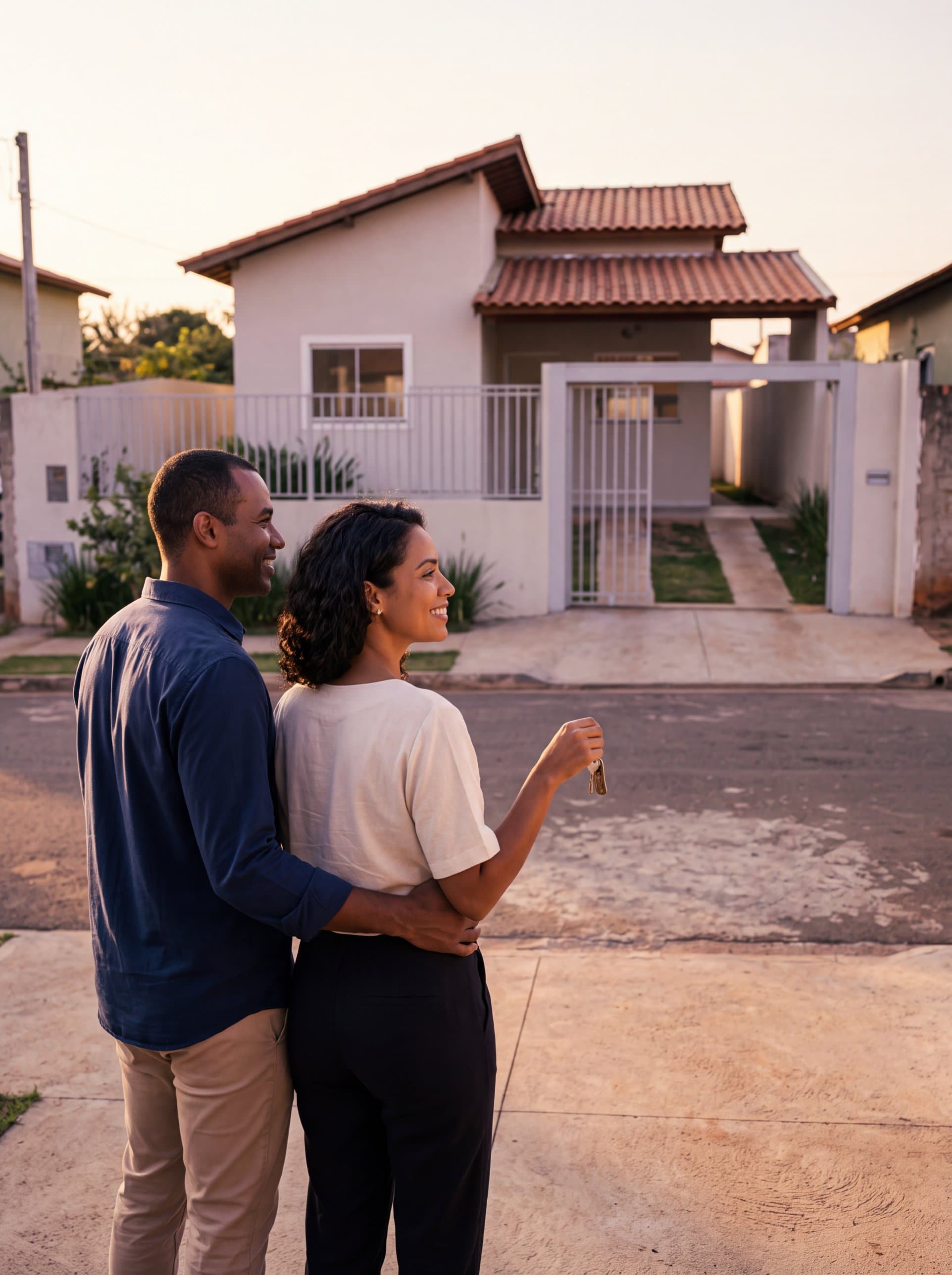 Casal com a chave na mão, olhando a casa nova.