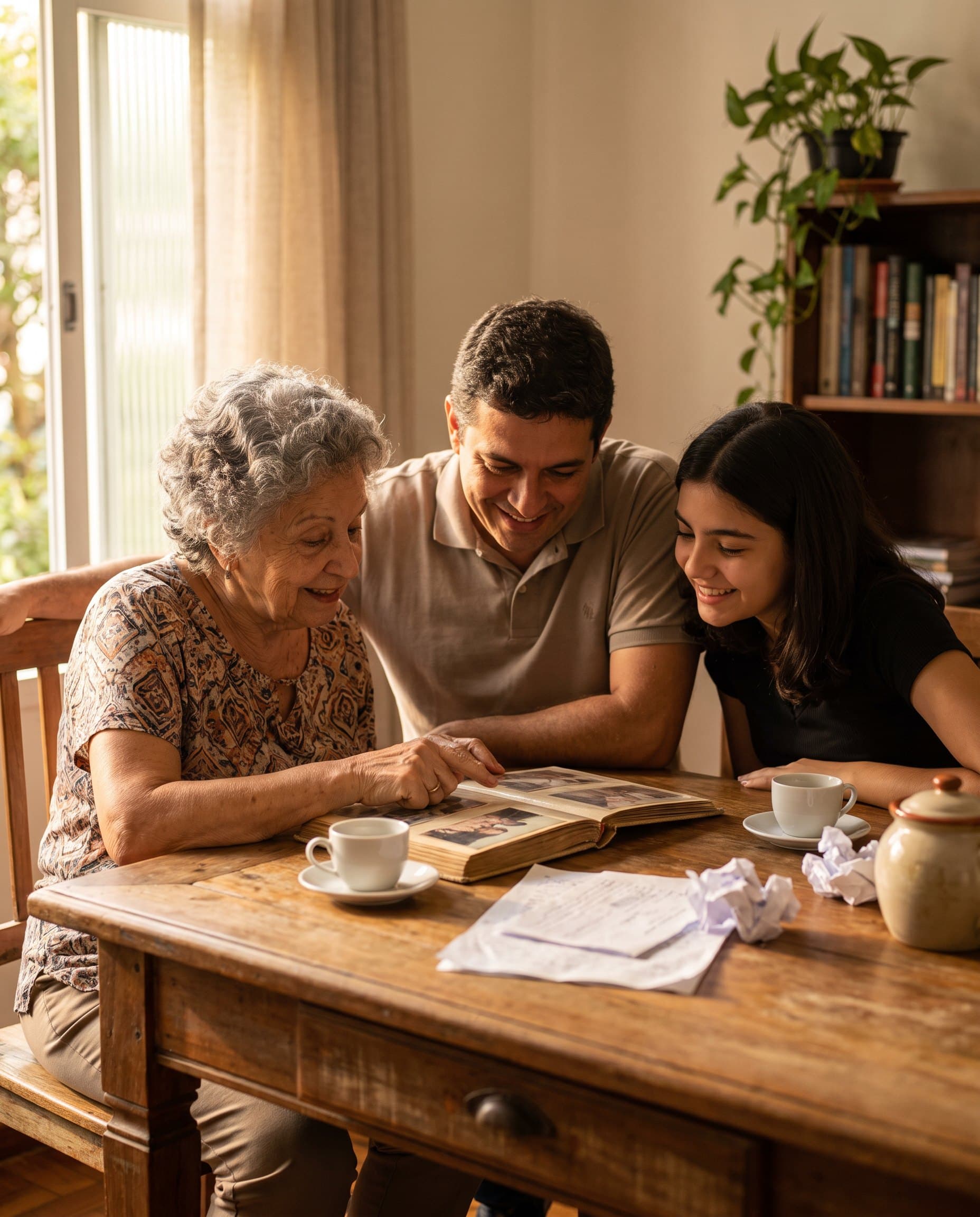 Família de três gerações conversando na varanda de casa.