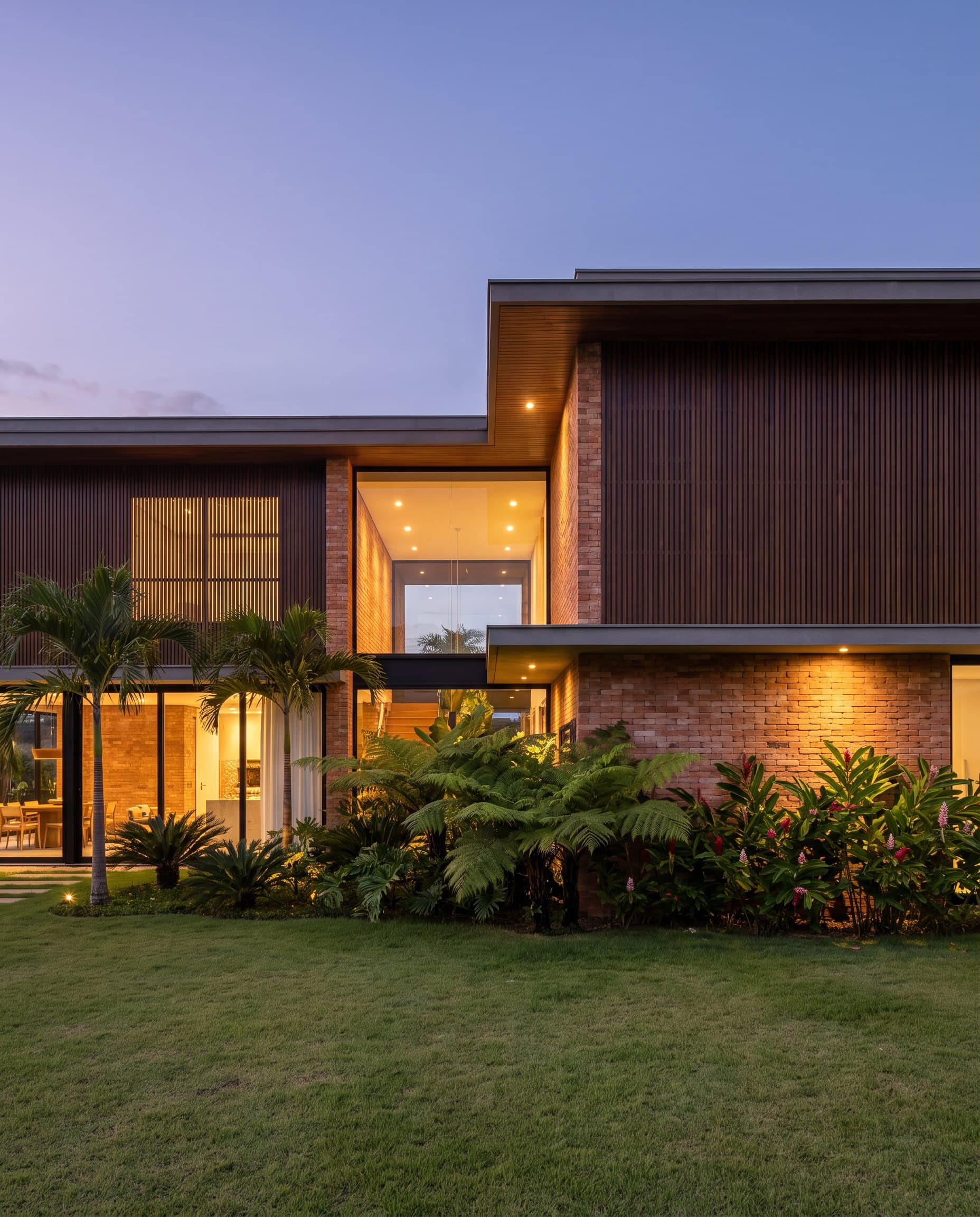 Fachada de uma casa iluminada ao entardecer.
