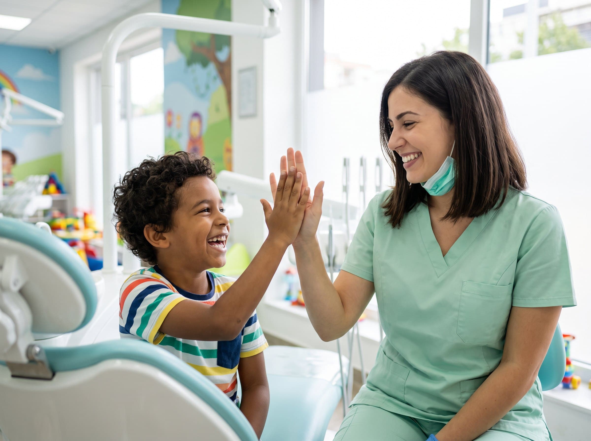 Dentista atendendo uma criança sorridente.