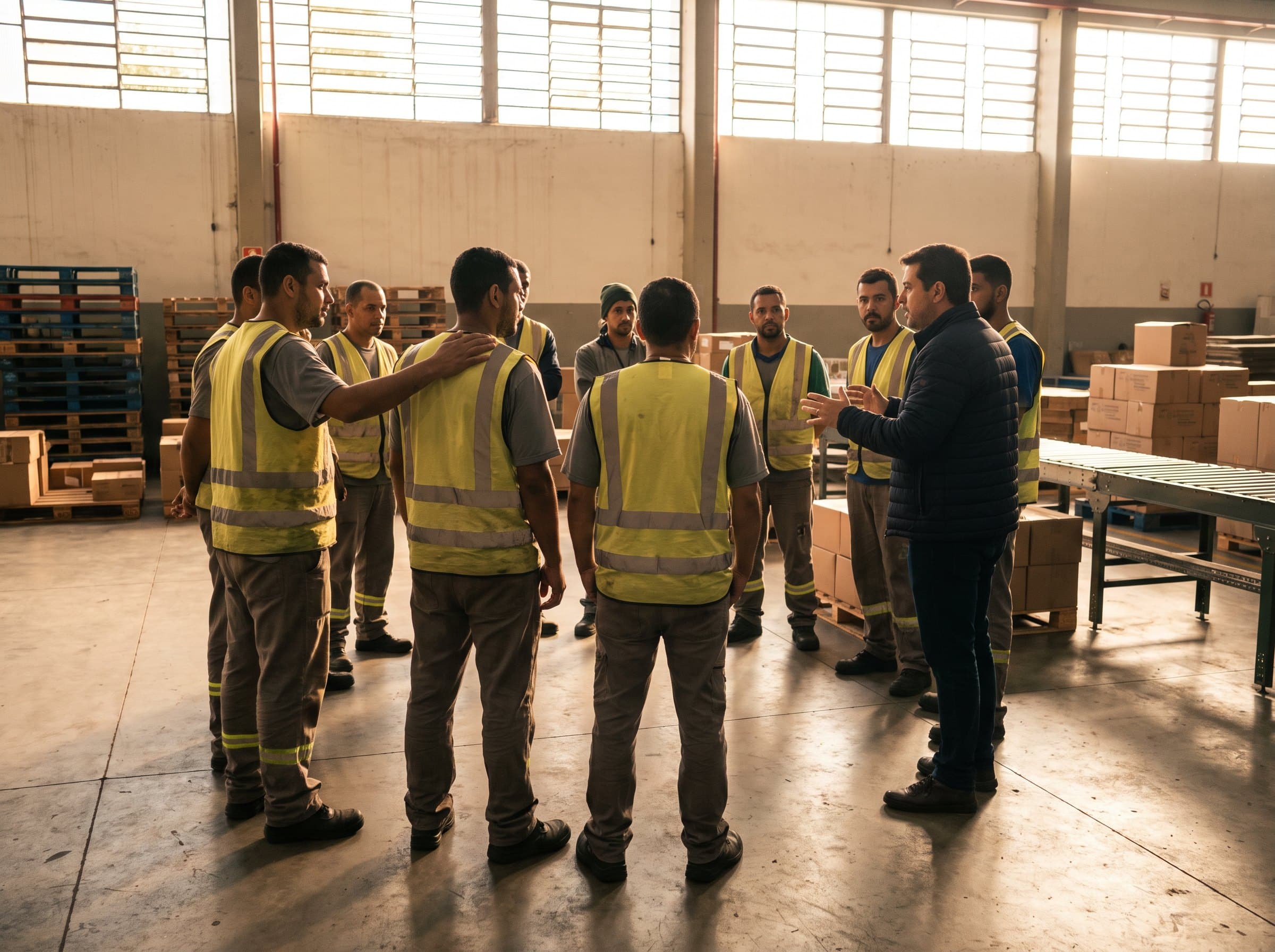 Colaboradores reunidos no início do turno.