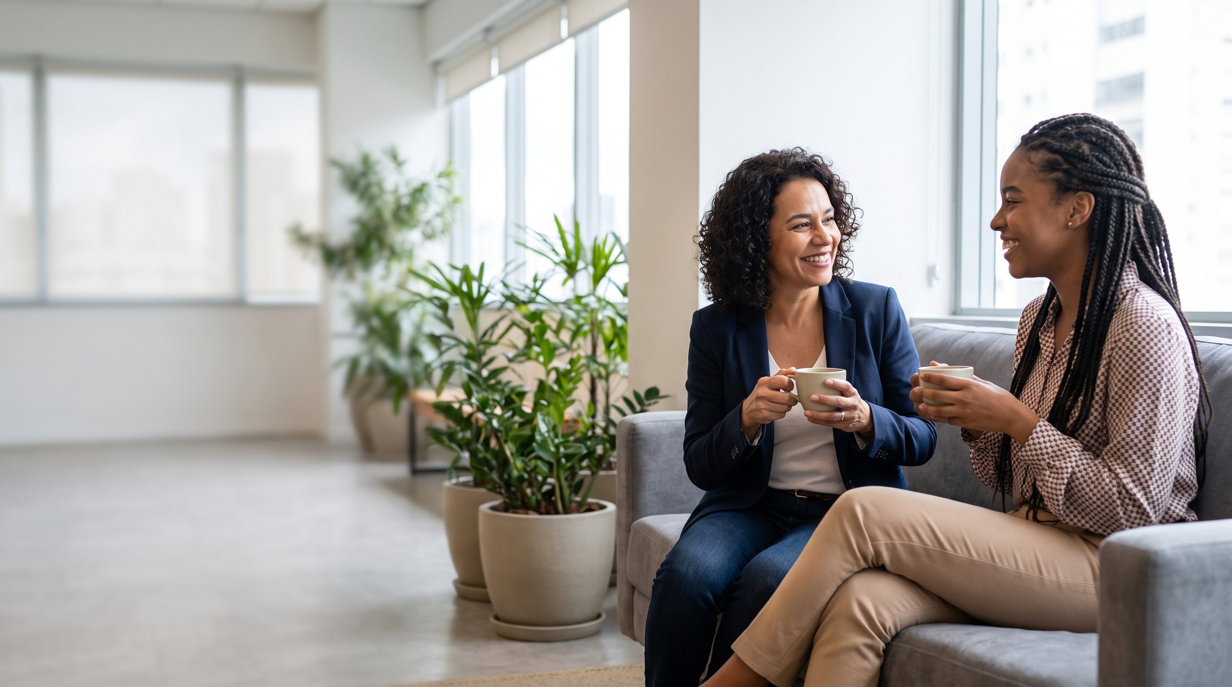 Gestora conversando com uma colaboradora em ambiente informal de trabalho.