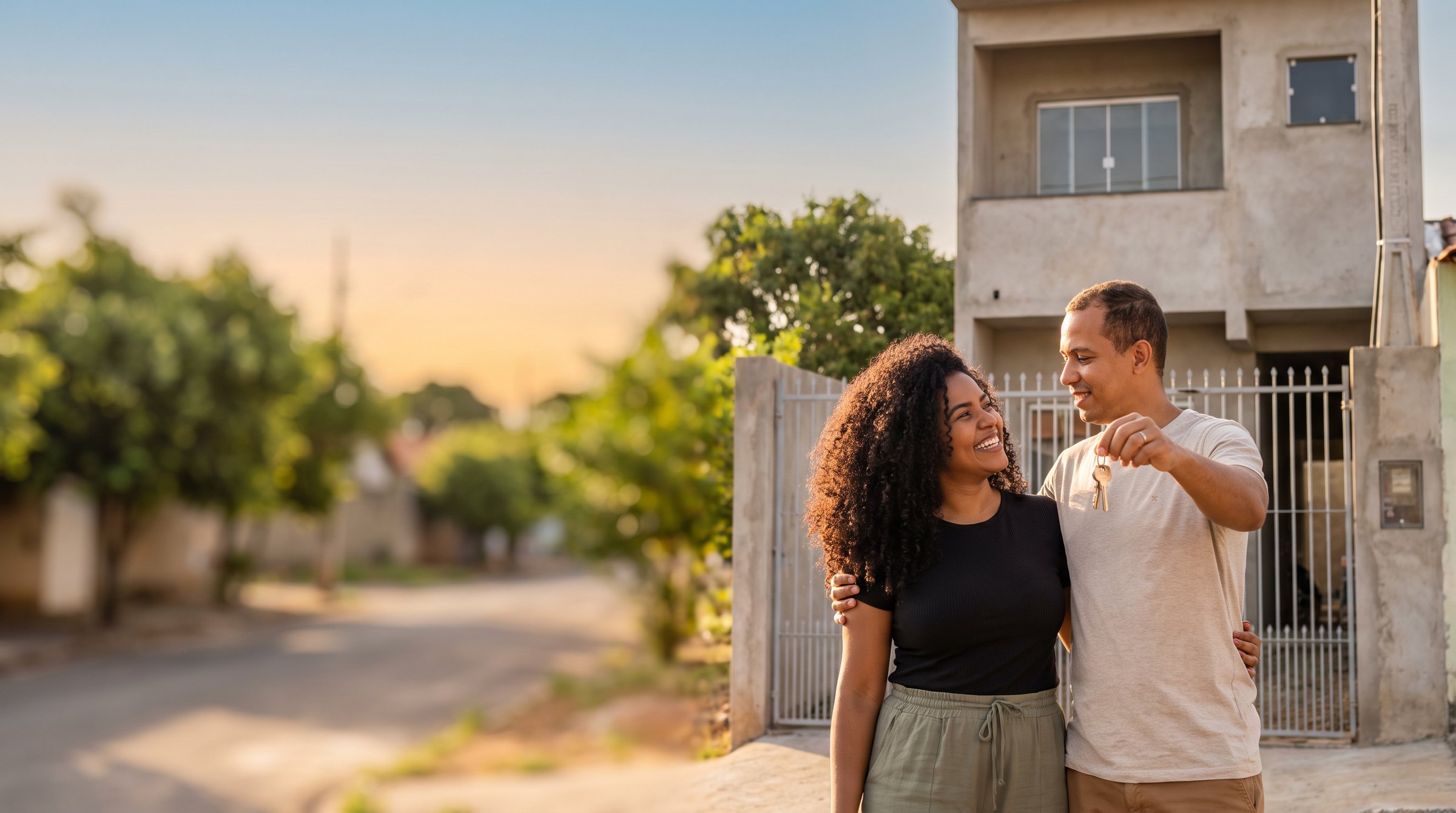 Casal brasileiro em frente ao portão da casa nova, olhando a fachada.