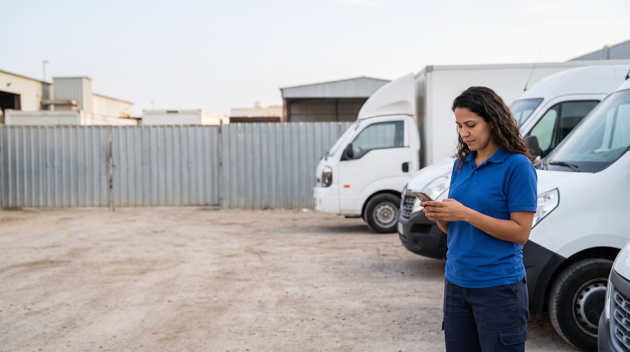 Responsável pela frota conferindo o celular no pátio da empresa, ao lado dos veículos.
