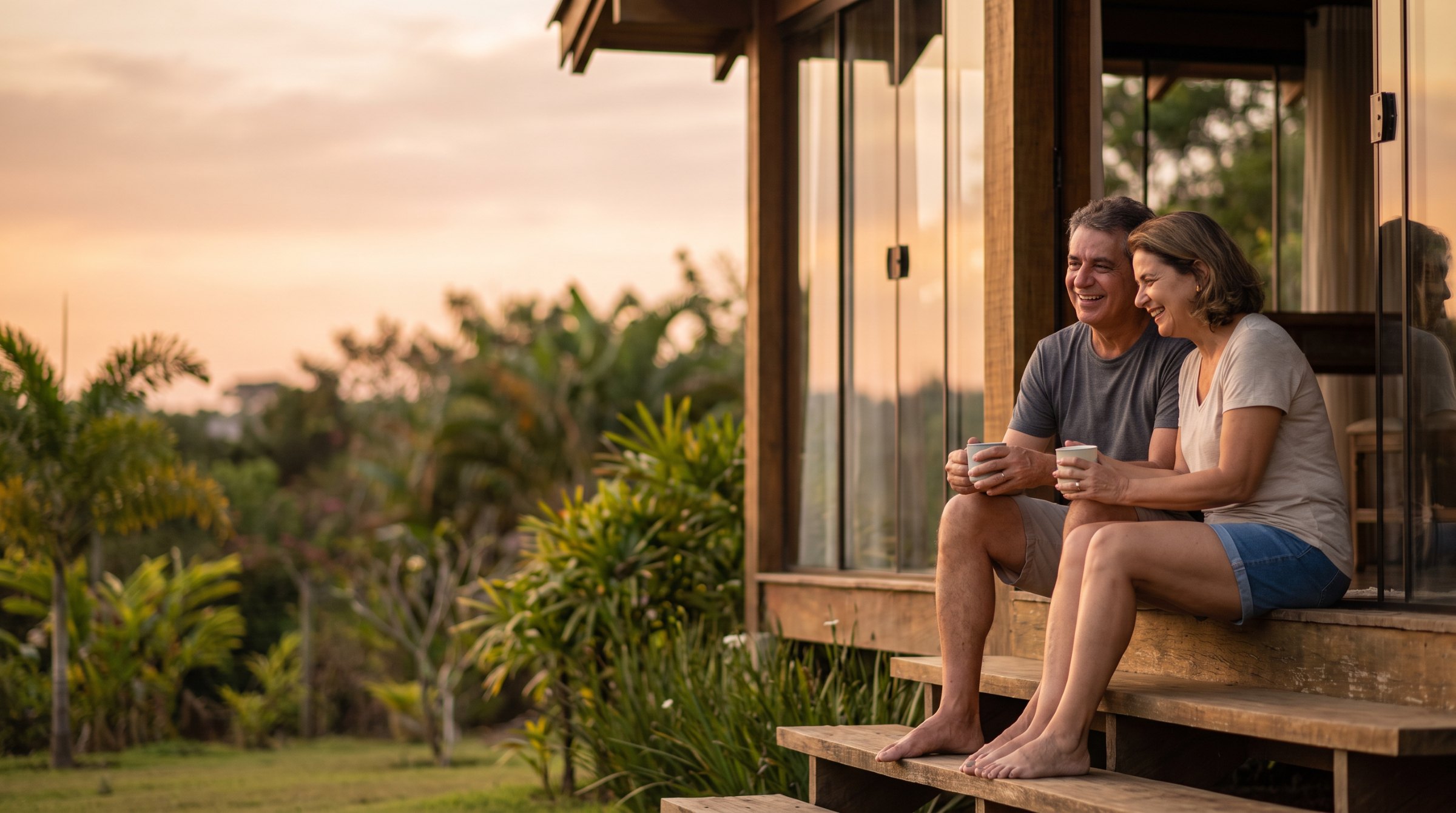 Casal sentado na escada da varanda de casa, tomando café ao fim da tarde.