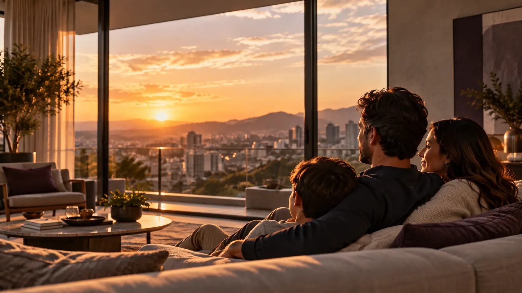 Família observando o pôr do sol na varanda de casa.