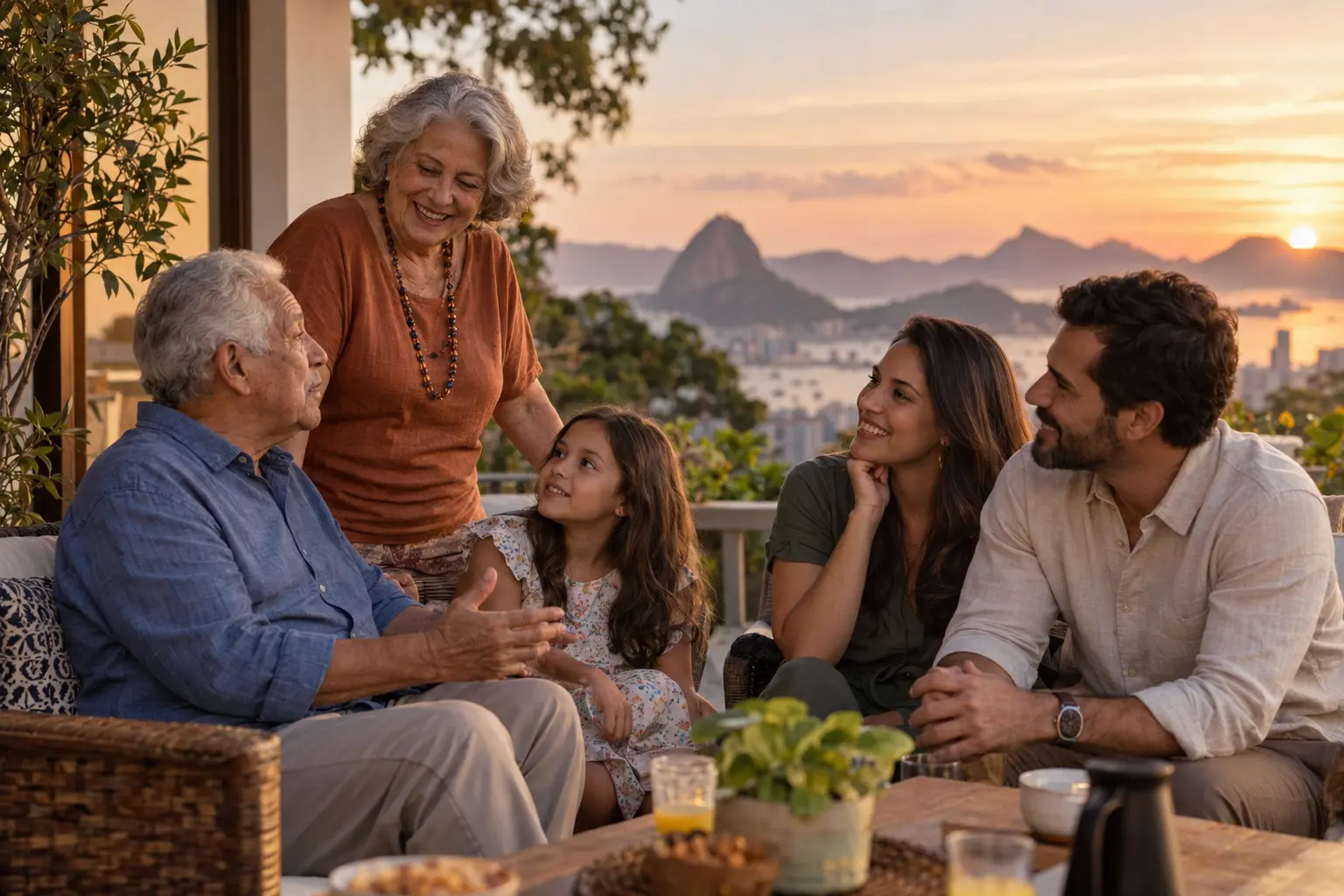 Família de gerações diferentes reunida à mesa.