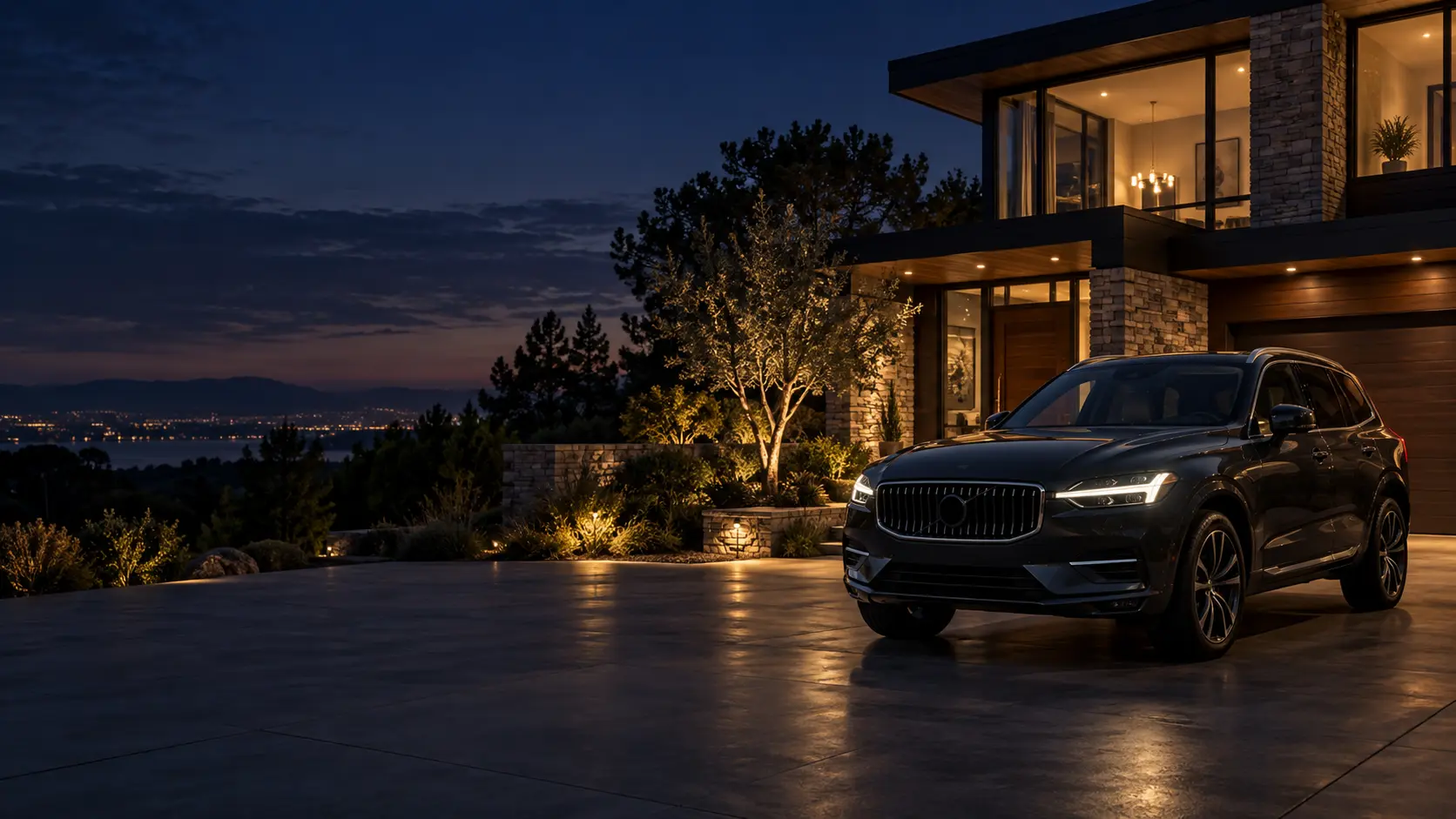 Casa contemporânea com SUV estacionado na garagem, ao entardecer.