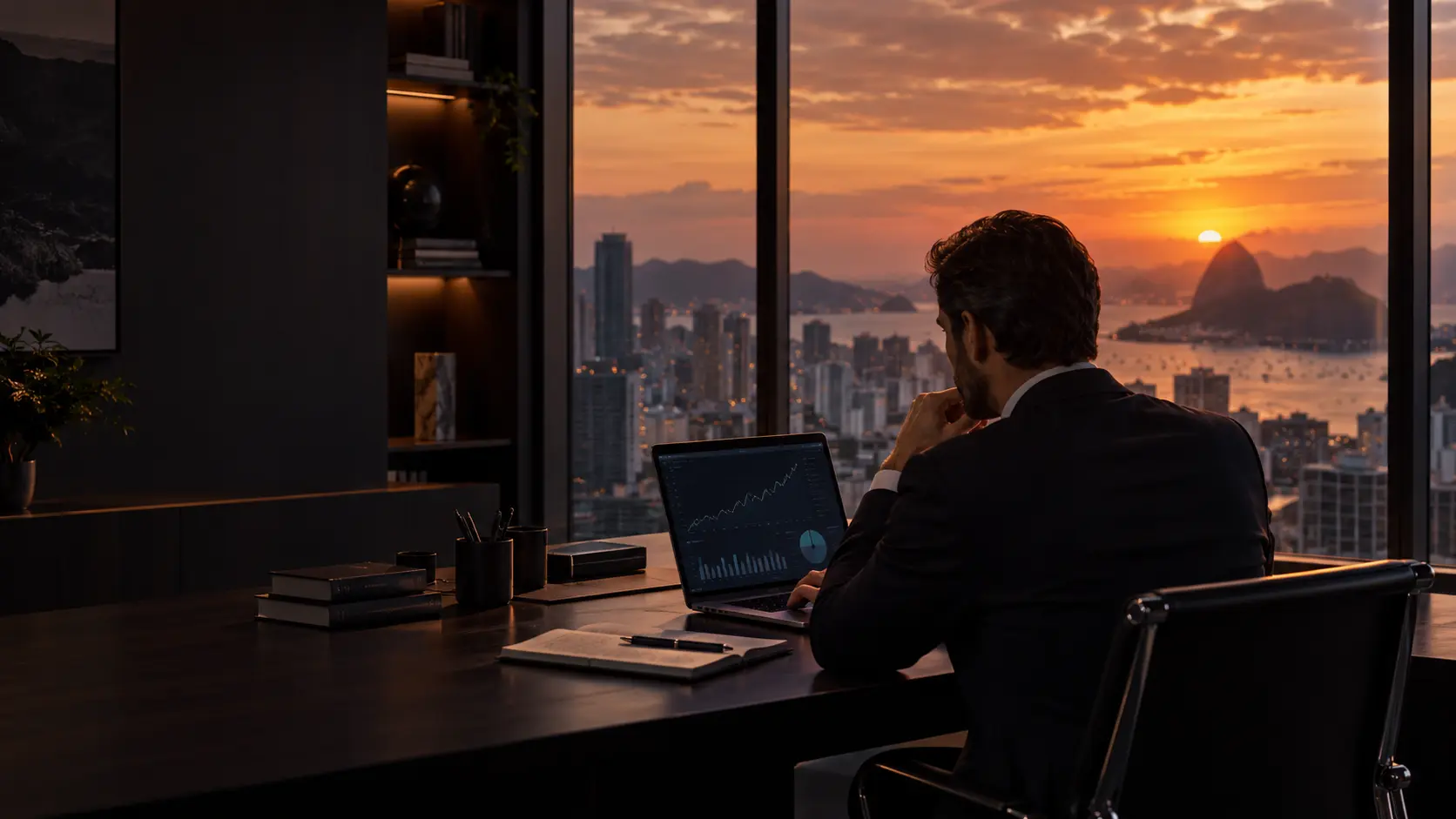 Profissional diante do notebook com gráficos, cidade ao pôr do sol ao fundo.