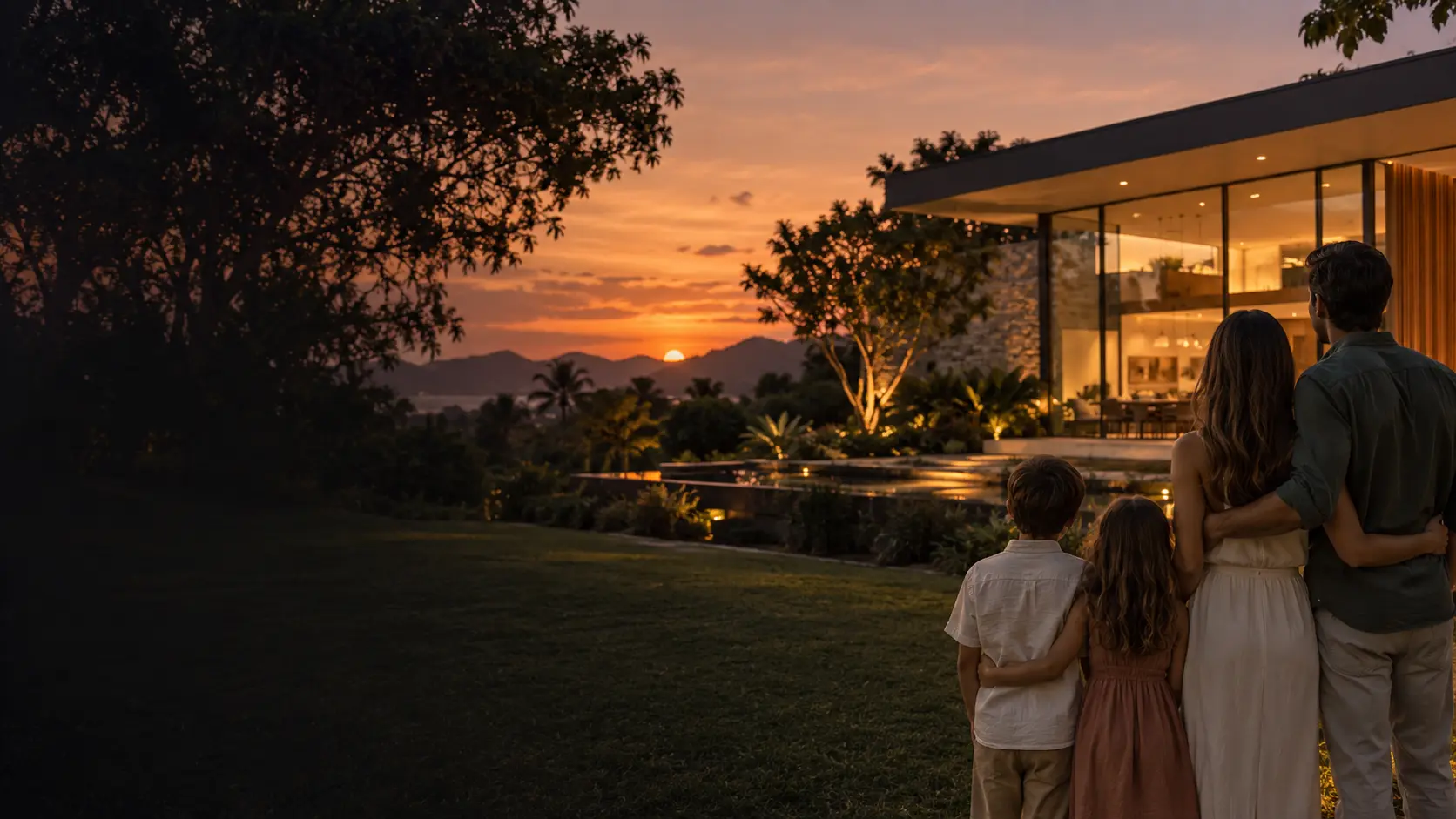 Família observando, de costas, uma residência contemporânea ao pôr do sol.
