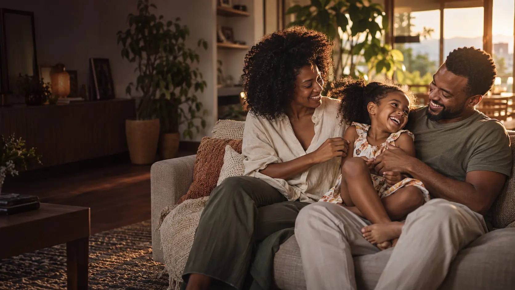 Família em interação espontânea dentro de casa, com luz natural.