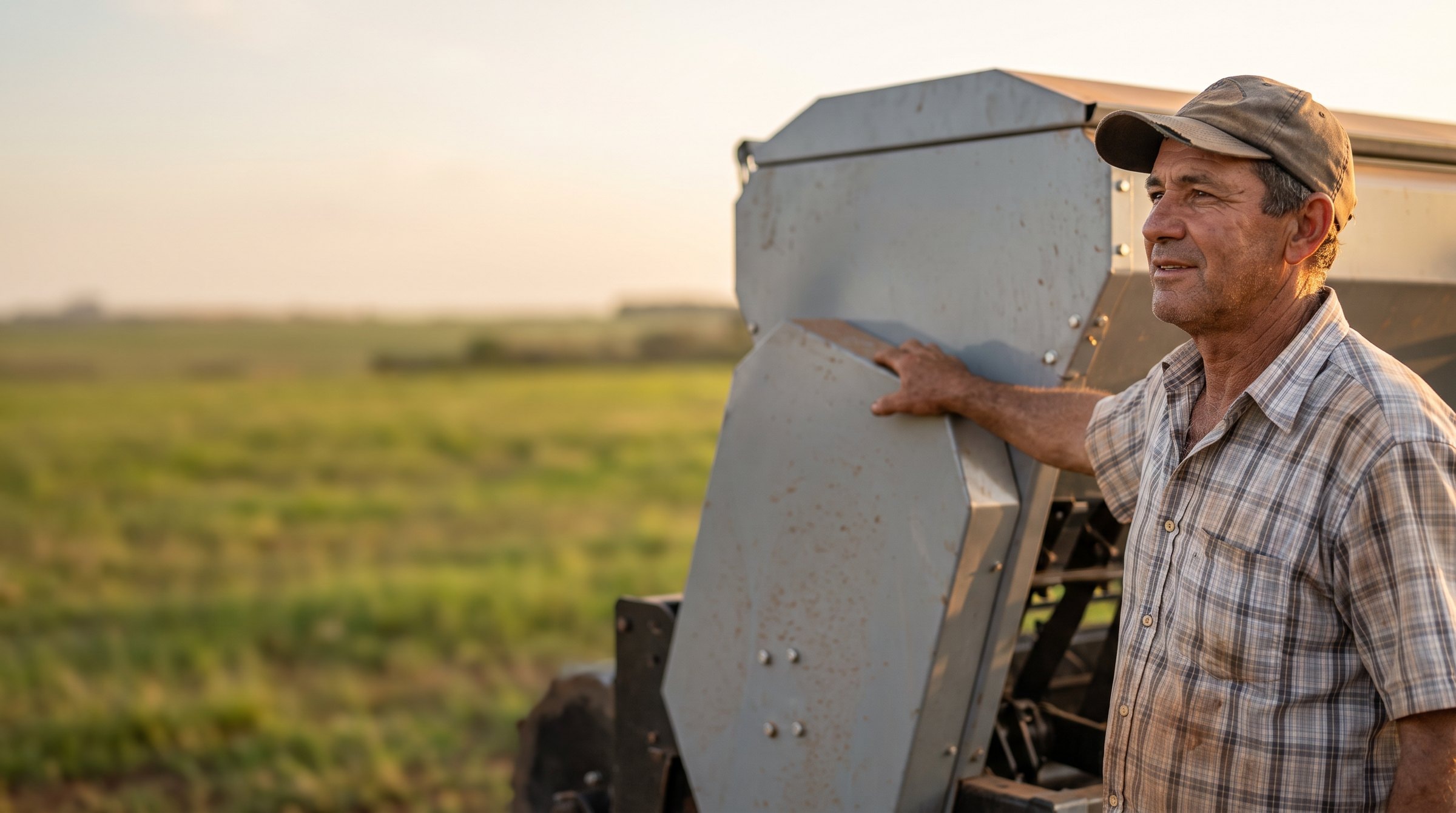 Produtor rural ao lado de um implemento agrícola novo no campo.
