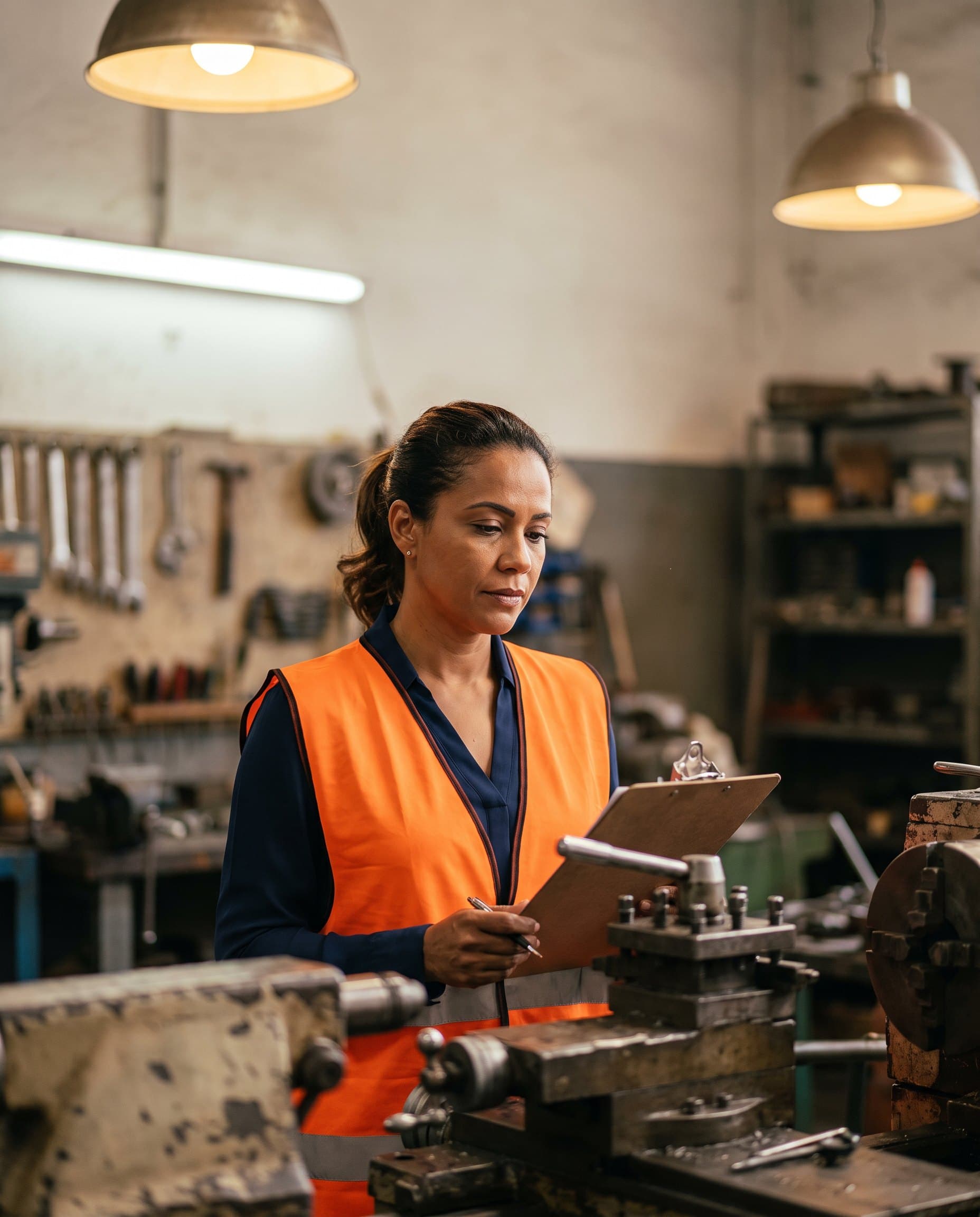 Empresária em um galpão industrial avaliando a linha de produção.