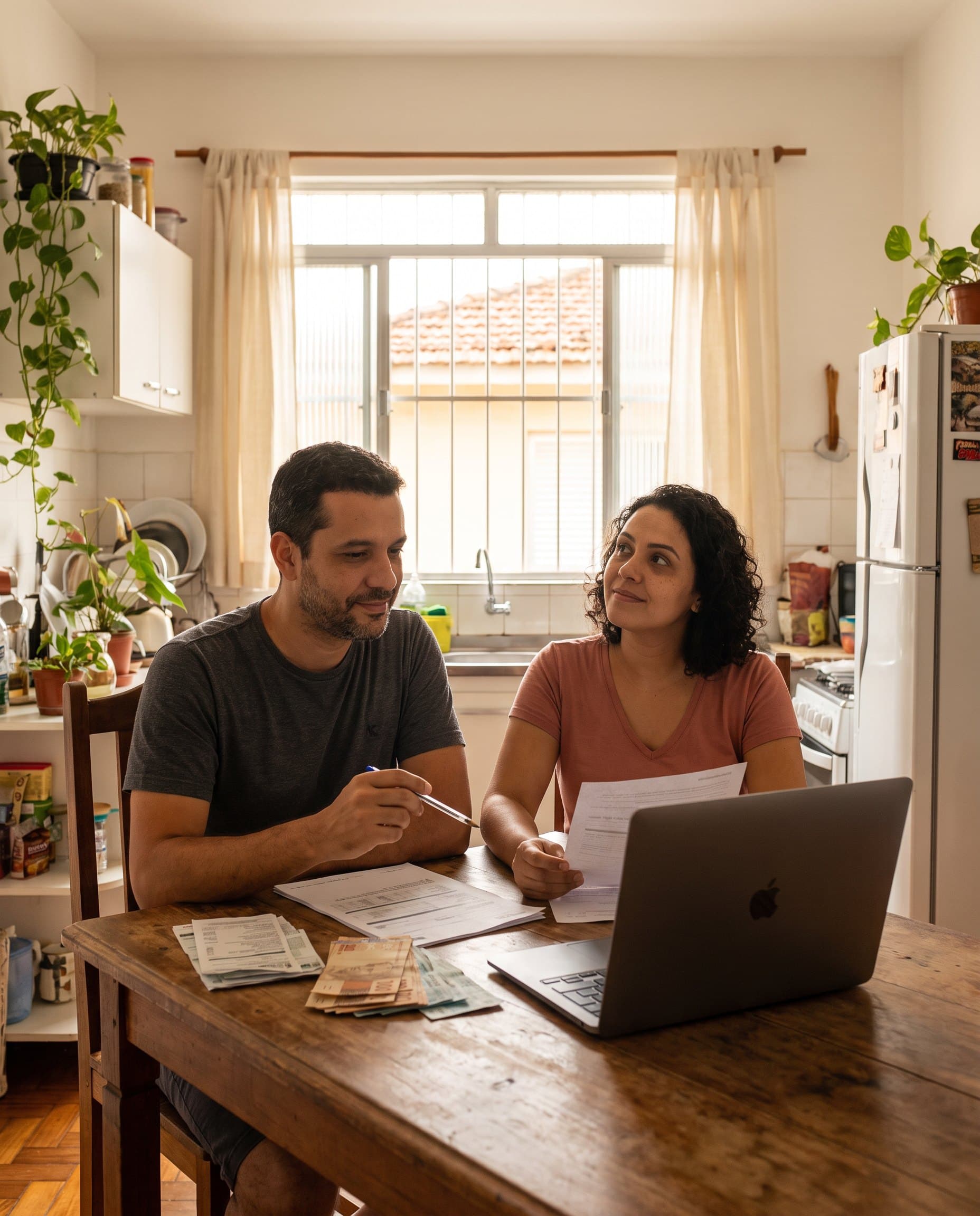 Casal organizando as contas da casa na mesa da cozinha.