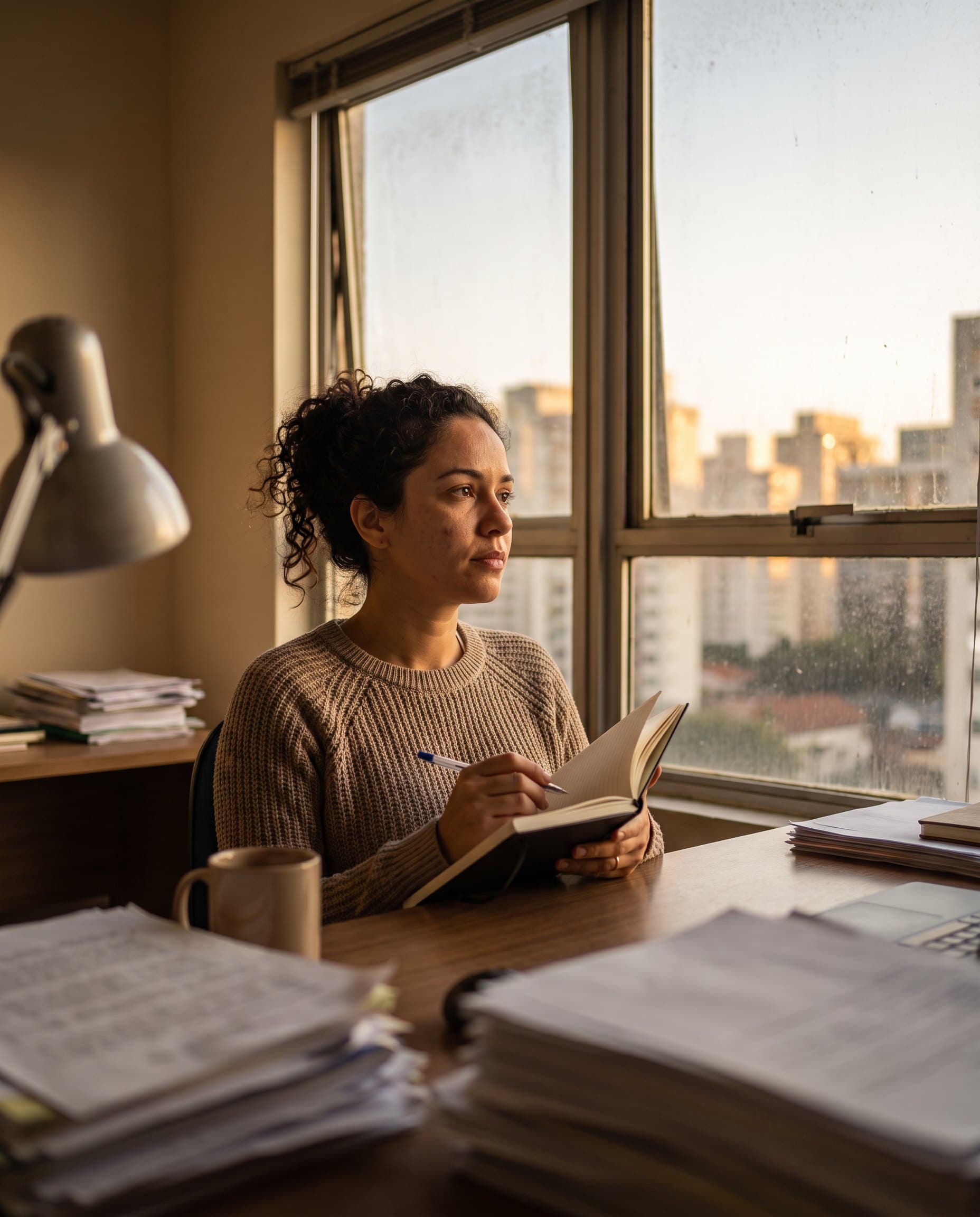 Colaboradora pensativa em sua mesa de trabalho no fim do expediente.