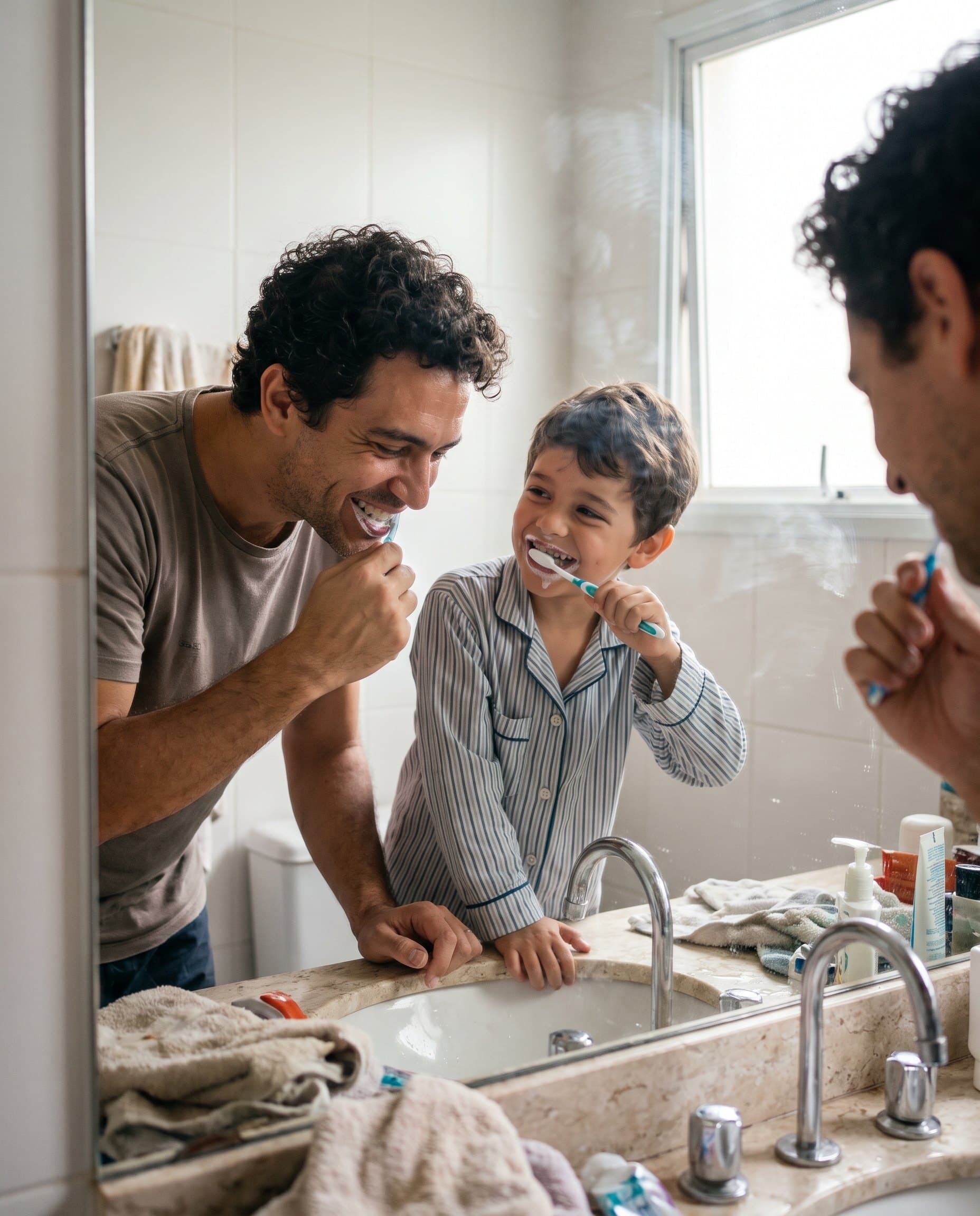 Pai e filho escovando os dentes juntos no banheiro de casa.
