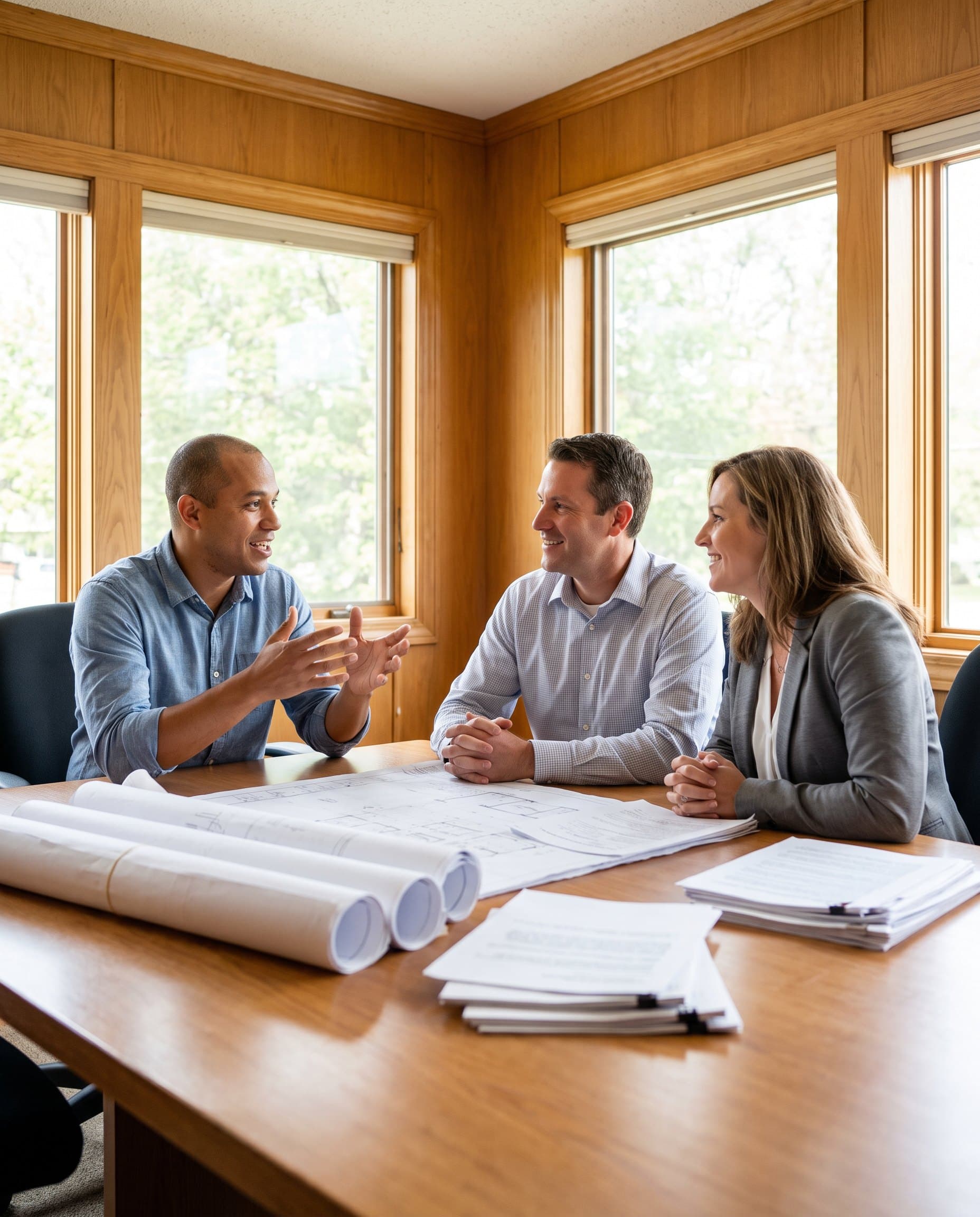 Especialista conversando com sócios de uma construtora sobre a garantia do contrato.