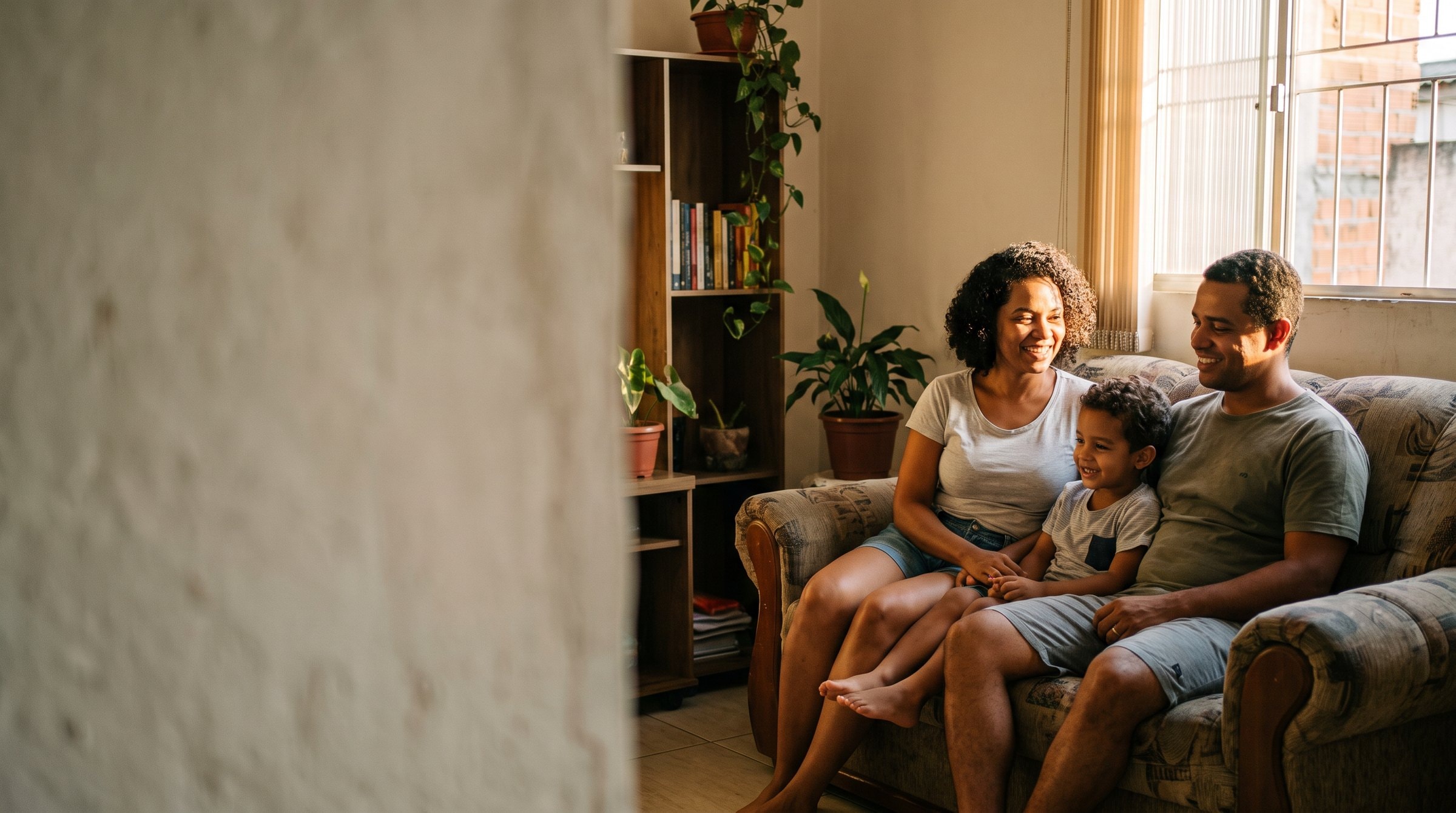Família conversando na sala de casa no fim da tarde.