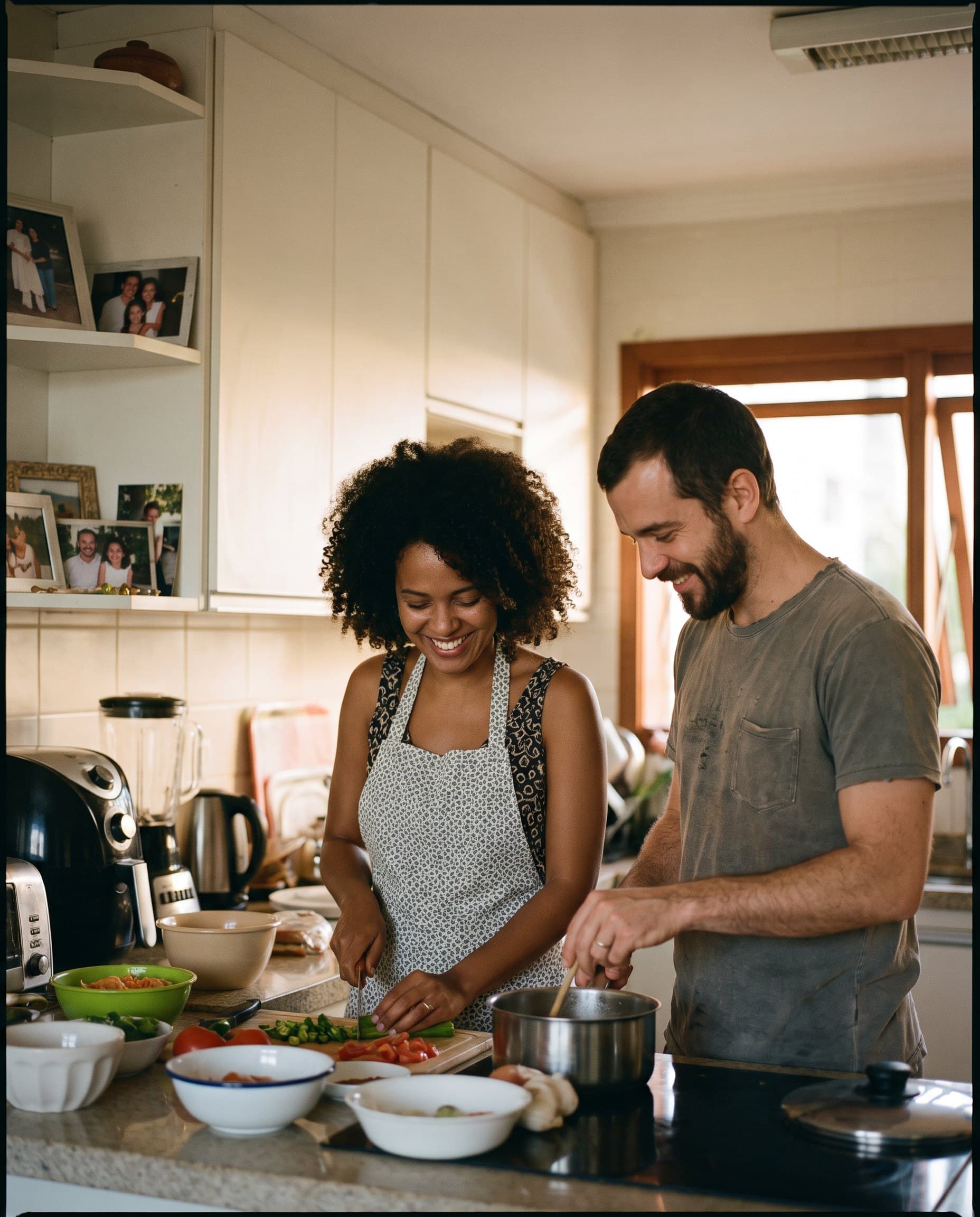Casal organizando objetos na cozinha de casa.